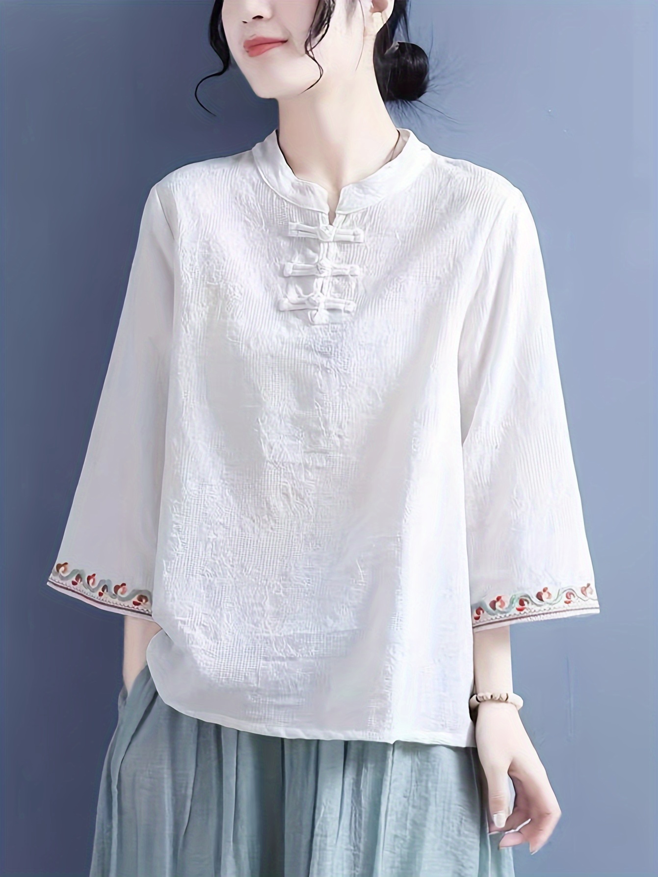 camisa étnica china bordada mujer transpirable Temu El Salvador