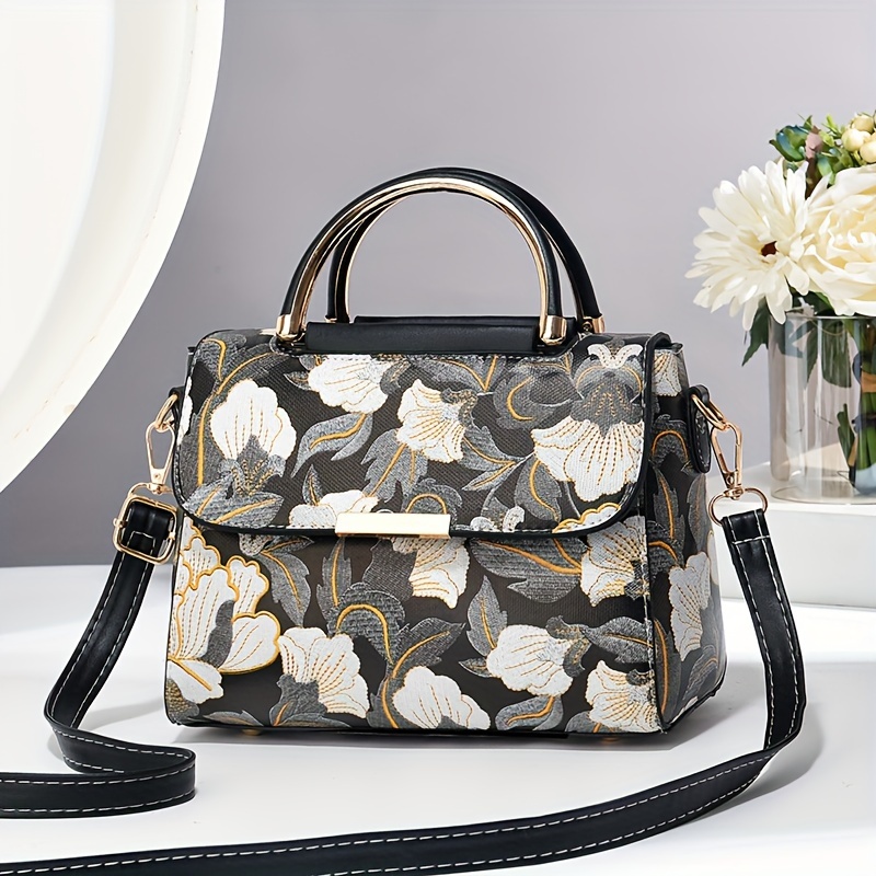 Floral Embroidered Crossbody Bag, Large Capacity with Zipper Closure, Polyester Lined, Versatile Commuter Handbag, Luxurious & Fashionable Design, Edge Paint Detail - Available in Black, Beige, Pink, Khaki, Green