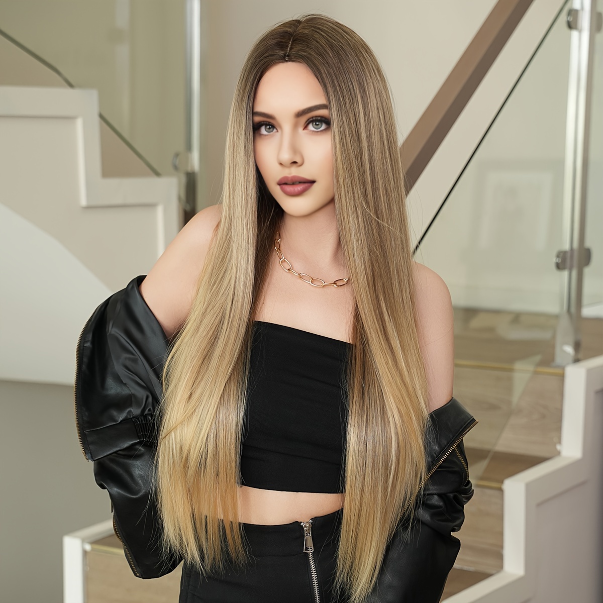 

1pc 7jhh Wigs Women's Long Straight Ombre Brown Wig, 34 Inch, High Density 150%, Heat-friendly Synthetic Hair, Cap, Middle Part, For Daily And Party Use