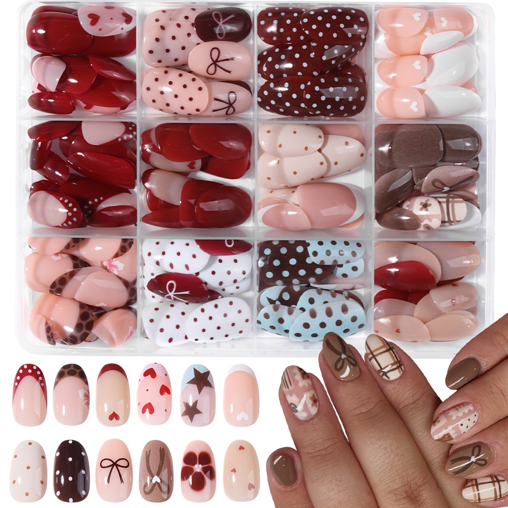 TEMU 288pcs Short Oval Fake Nails, Y2k -on Nail Set For Women With Heart, Bow, Star, Polka Dot, And Floral Designs, Acrylic Nails, Fashionable Nails,