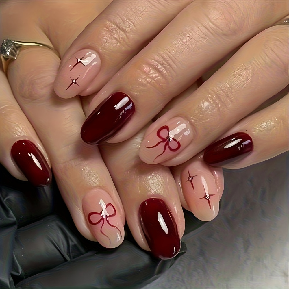 TEMU 24pcs Short Oval Solid Color Fake Nails, Y2k Style Minimalist Red Bow Sunburn Fake Nails, Detachable Press-on Nails, Reusable Acrylic Fake Nails