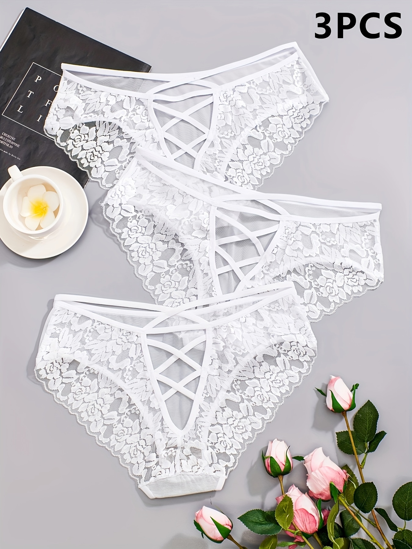 Women's 3 Pack Thong Lace Floral Briefs Underwear Lingerie Back