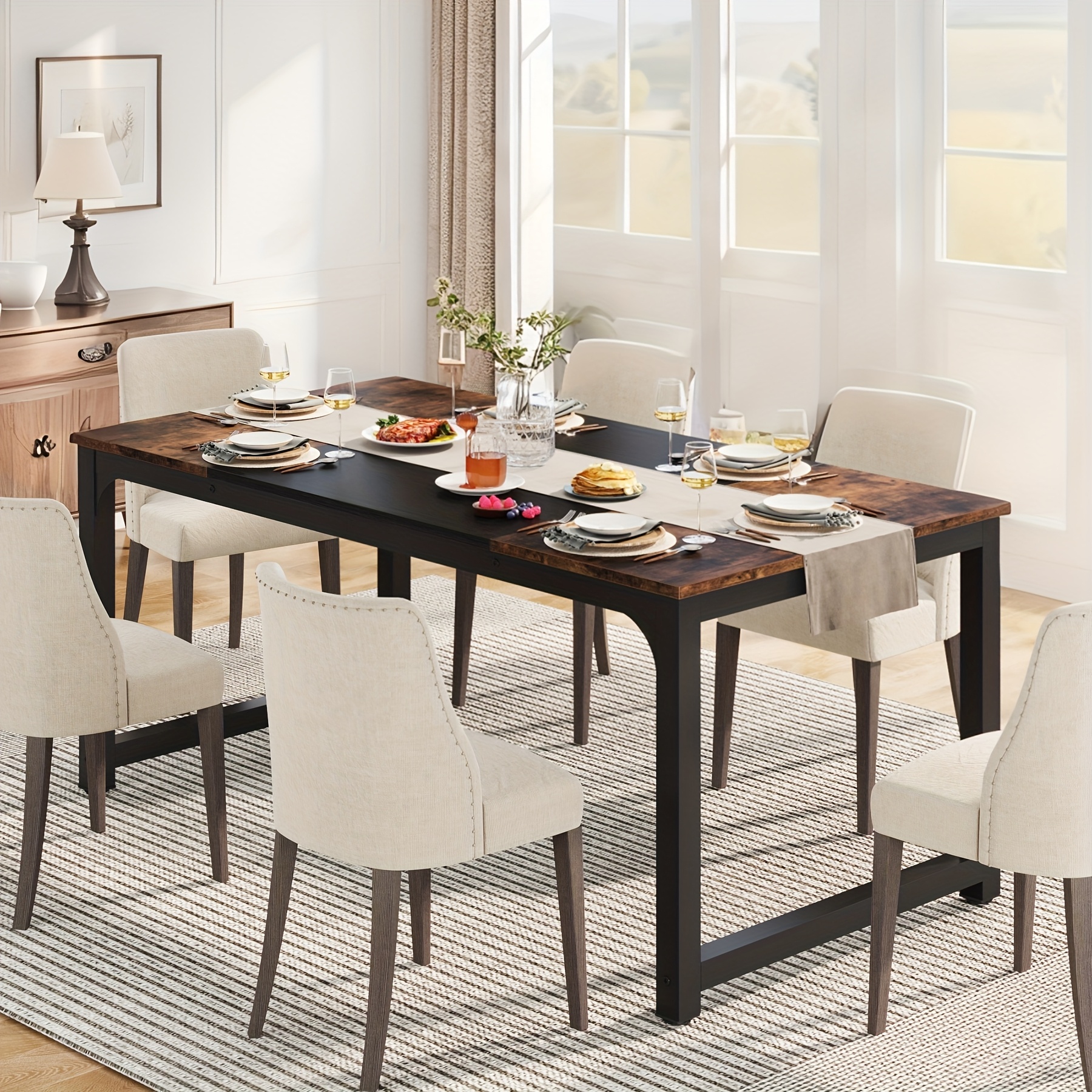 63' And Dining Table, Modern Easy Workstation Business Furniture For Home Office, Industrial Kitchen Table For 4-6 Person, Used For Rectangular Dining Tables In Restaurants, Rustic Brown/black