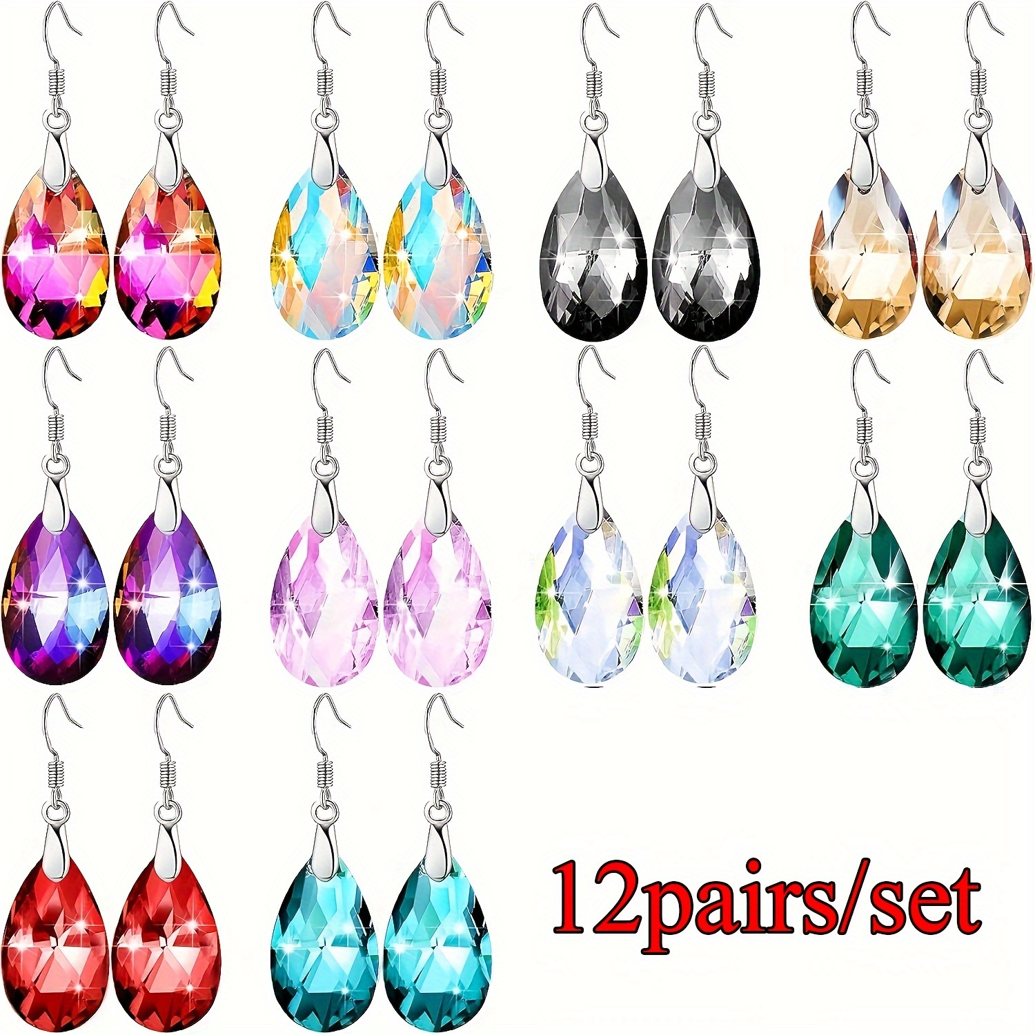 

12 Pairs Shiny Teardrop & Oval Shape Artificial Crystal Decor Long Dangle Earrings, Elegant Luxury Style Drop Earring Trendy Jewelry Women Girls, For Valentine's Day, Birthday, Party, Christmas Gift