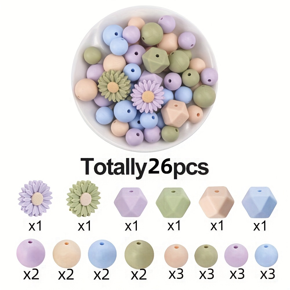 TEMU 26pcs Multicolor Silicone Bead Mix Set, 12/14/15mm Round, Hexagon Silicone Rubber Bead, Sunflower Silicone Bead - Vibrant Diy Craft Supplies,