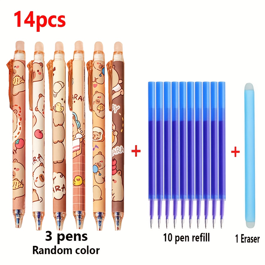 Image of 14pcs Set (random 3pcs Pens And 10pcs Refills And 1pc Eraser) - Cute Capybara Erasable Gel Pens, 0.5mm Retractable Blue Ink, Suitable For School And Office. Smooth Writing And Quick-drying
