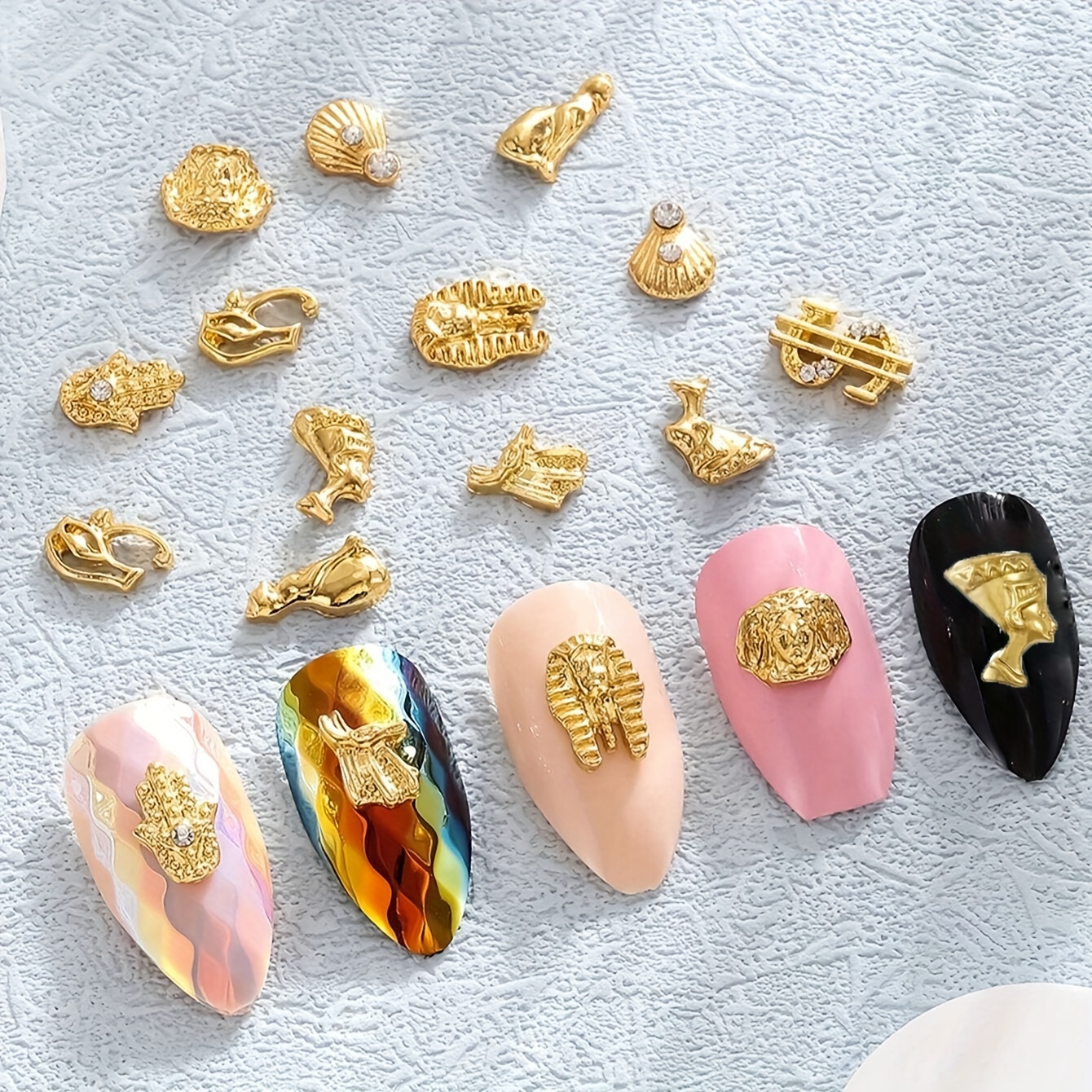 

32-piece Egyptian Style Nail Art Charms Set - Unscented Diy Nail Decoration Accessories With Pharaoh, Sphinx, Pyramid, And Shell Designs - Mixed Manicure Embellishments Pack