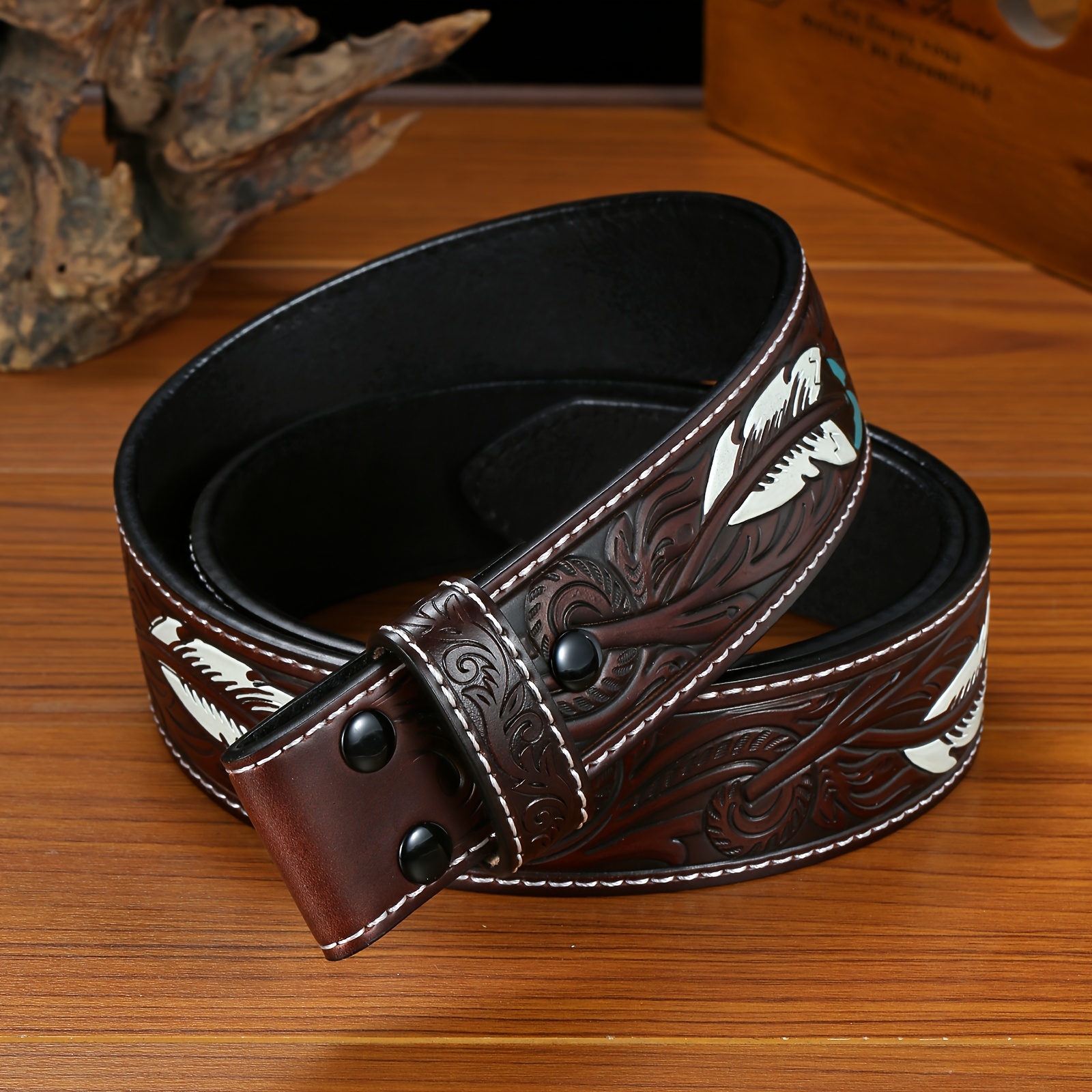 E-shop 1 Stück Herren Gürtel aus echtem Leder (ohne Schnalle), geprägtes Feder-Blumenmuster, Knopfdesign, einfacher Schnallenwechsel, verschiedene