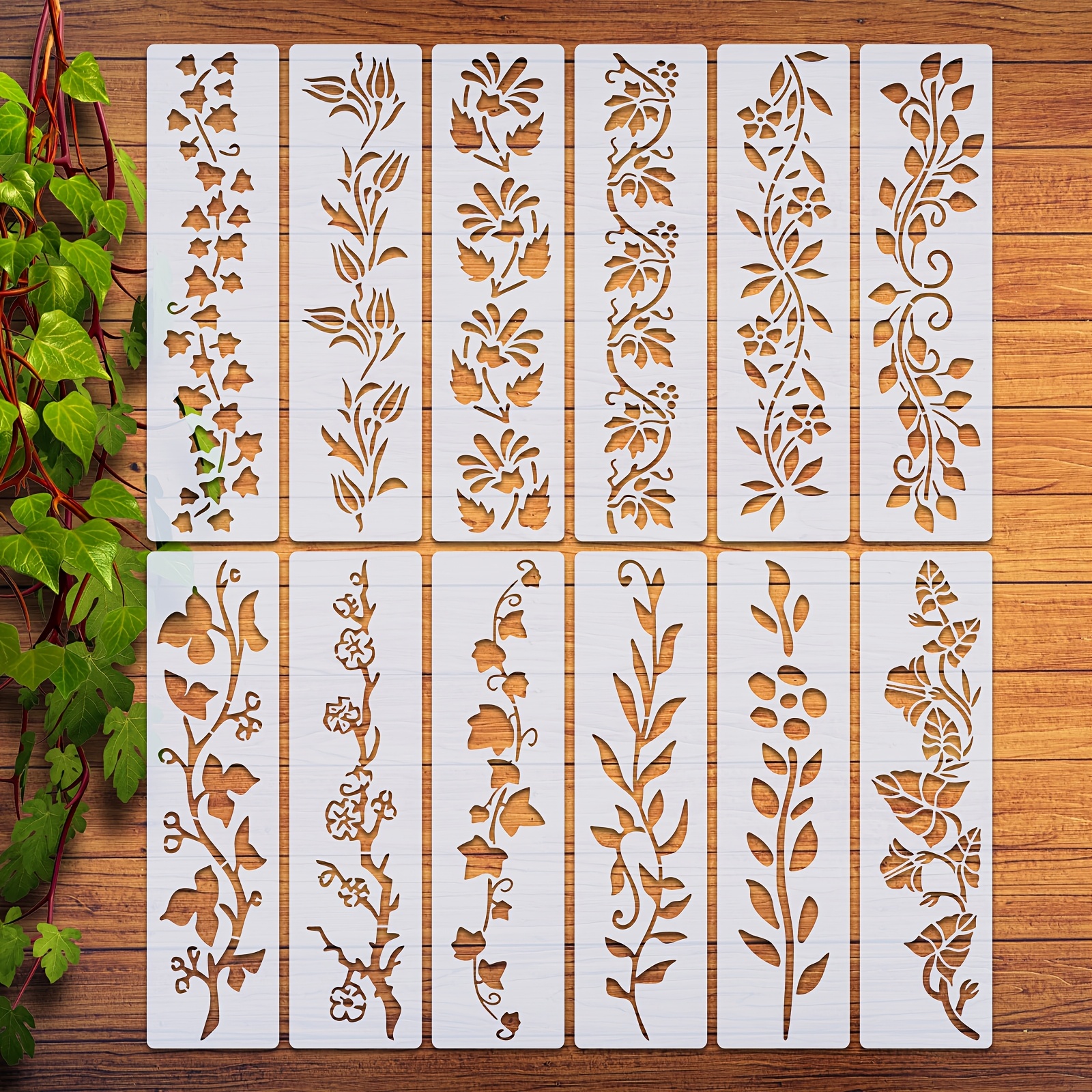 

12pcs Vine & Floral Stencil Set - Reusable Designs For Diy Wood, Canvas Painting, Home Decor (3"x11.8")