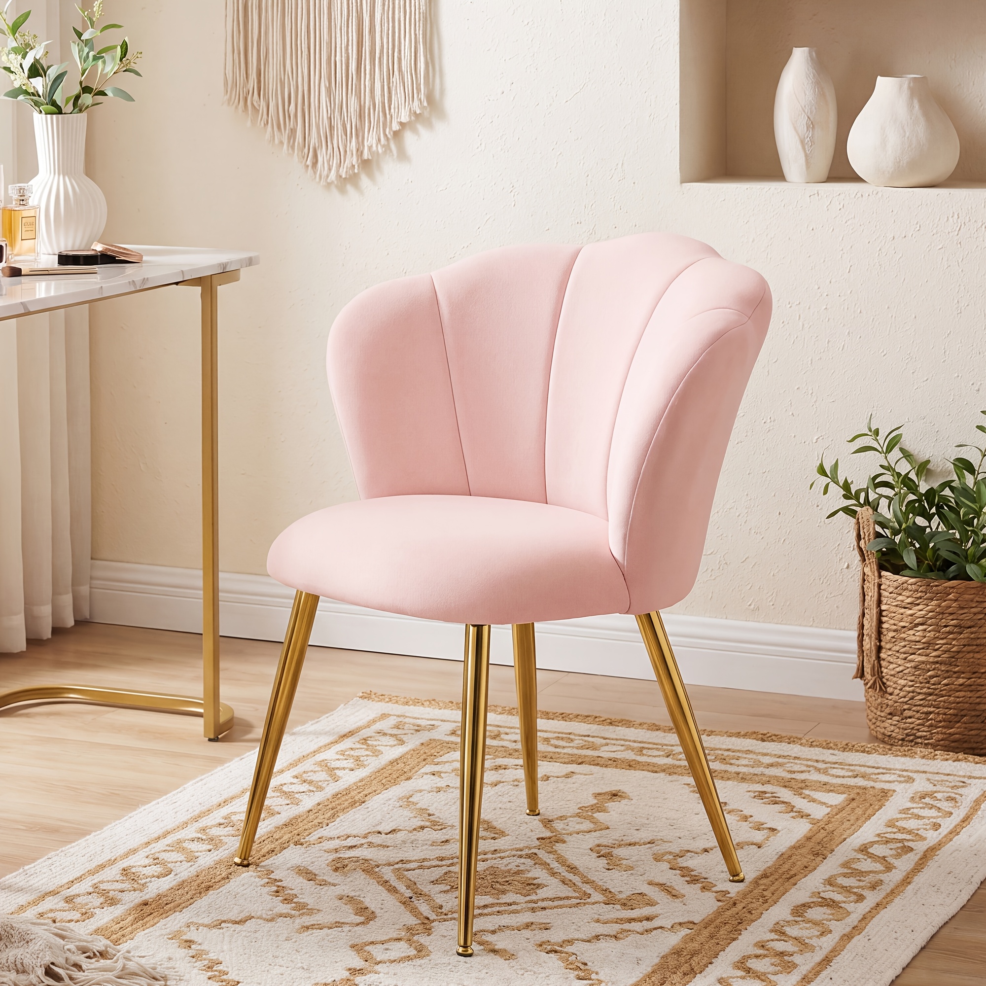 Image of Dining Chair, Chair, Upholstered Vanity Chair, Petal-shaped Backrest, Velvet & Steel, Loadable Up To 150kg, Steel Legs, For Kitchen, Living Room, Bedroom, Christmas Gifts