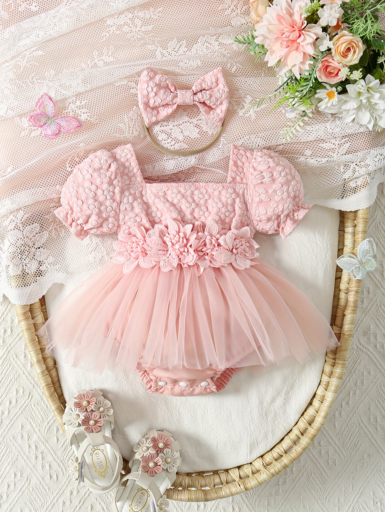 2pcs Baby Girl Lace Puff-sleeve Splicing Floral Print Belted Romper with Headband Set