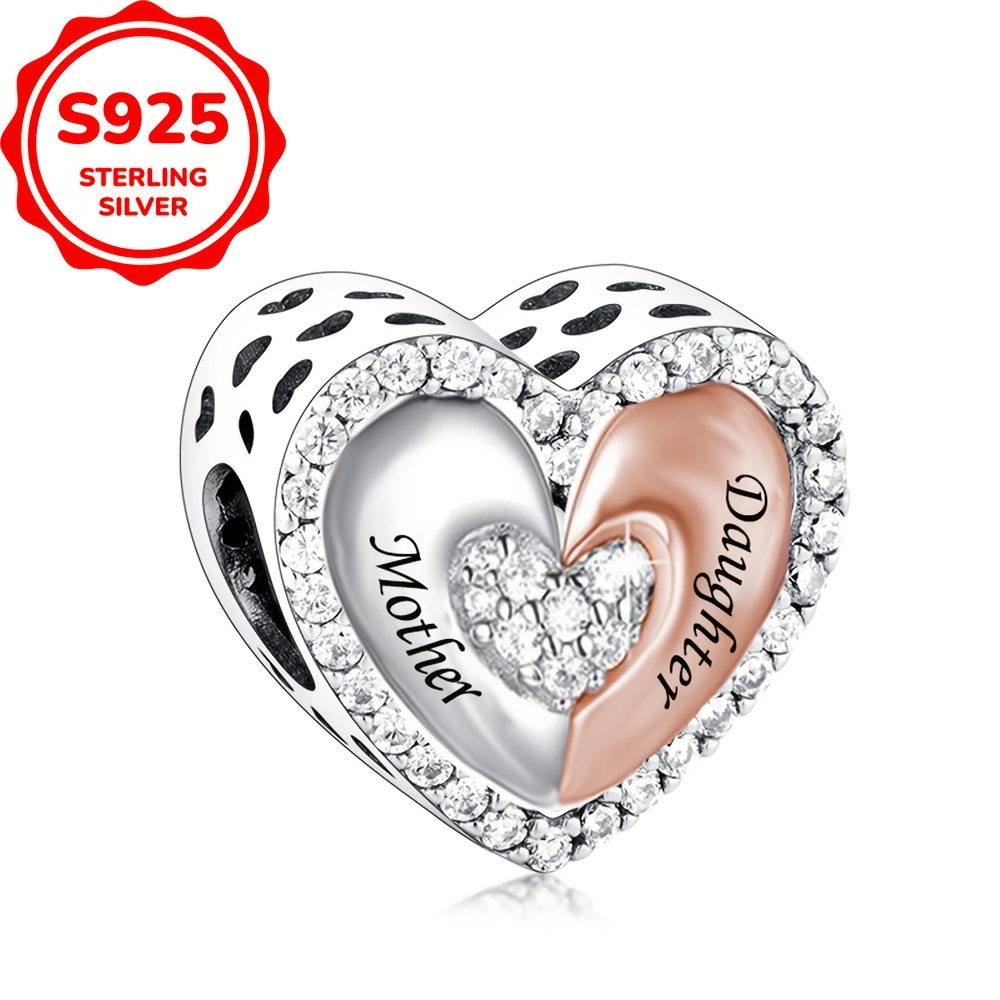 1pc 925 Sterling Silvery Dad Mom Daughter Son Family Heart Shaped Charms Beads With Cz Decor For Charm Making Father's Day Or Mother's Day Gift