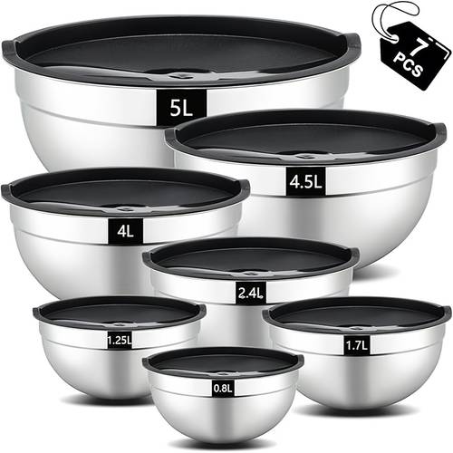 7pcs set advanced stainless steel salad bowls with lids stackable salad bowl group by dishwasher 5l 4 5l 4l 2 4l 1 7l 1 25l 0 8l