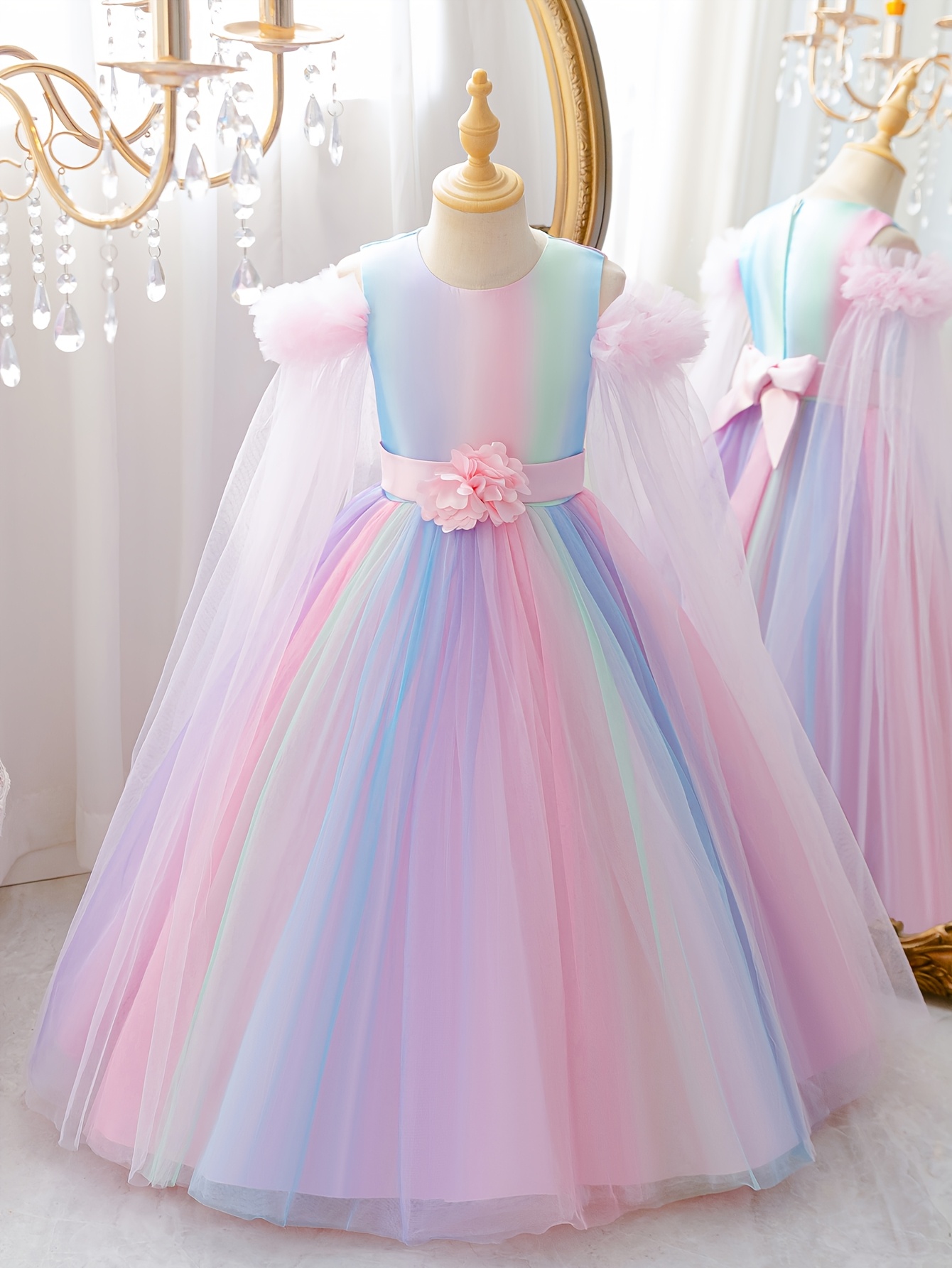 Girls' Long Strapless * Dress with Colorful Gradient and 3D Flower  Decorations | * Non-Stretch Mesh Fabric, Trapeze Hem, Ideal for Birthdays,  Weddings, and Festive Parties