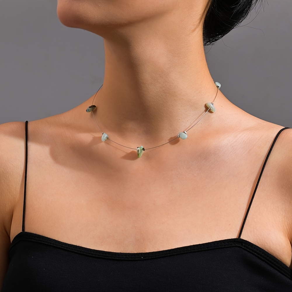 Bohemian Style Natural Stone Fishing Line Choker Necklace, Irregular Sea  Green Design Stone Retro Vacation Beach Fashion Jewelry, Personalized  Clavicl