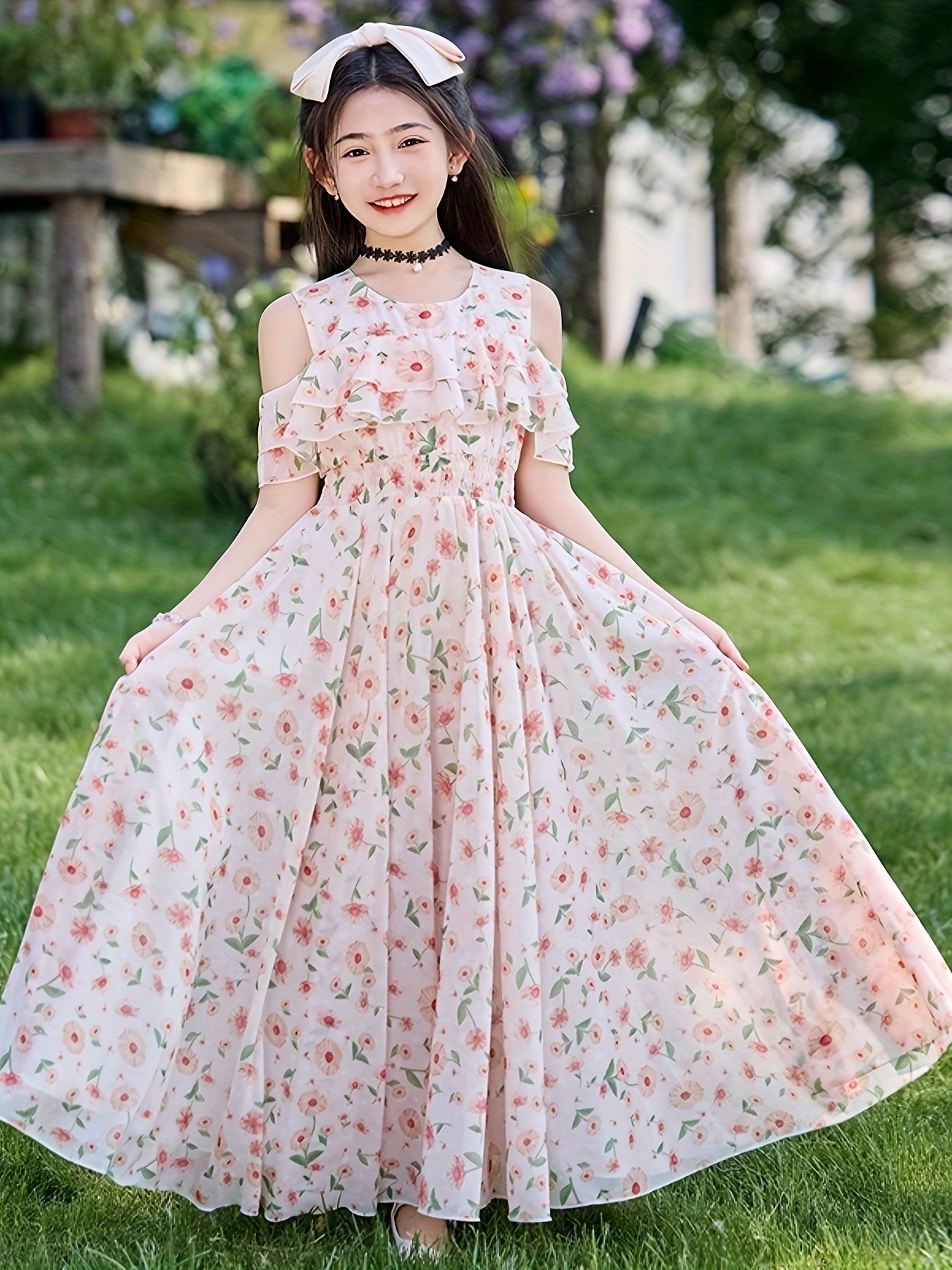 floral off-shoulder ruffle dress for girls - summer beach parties & casual  wear, | Check Out Today's Deals Now | Temu