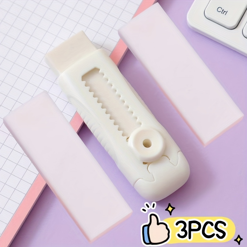 3pcs Set: 1 Push-and-slide Eraser + 2 Refill Eraser Heads. Cleans Thoroughly Without Damaging Paper. Suitable For Drawing And Office Use. For And Portability
