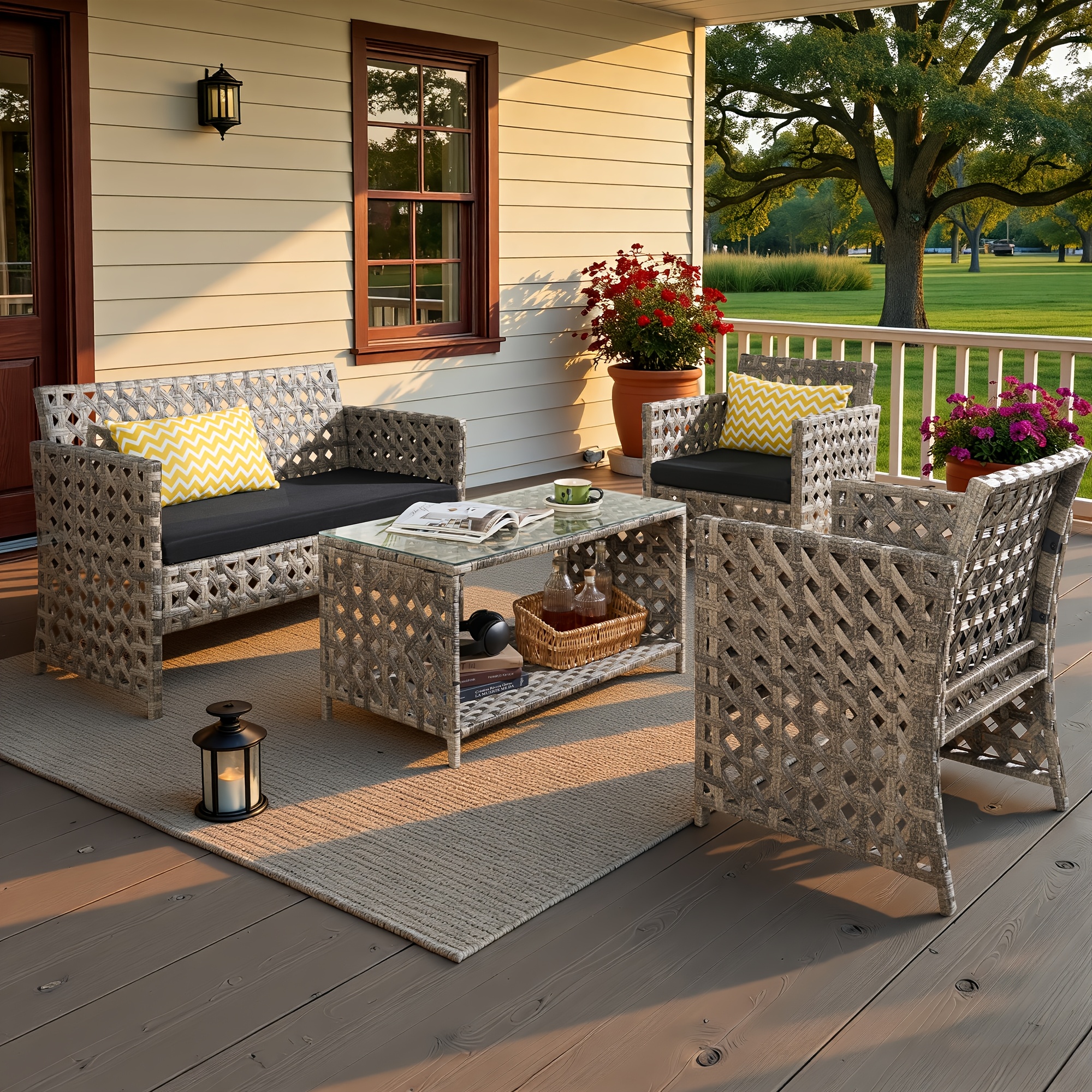 4pcs PE Rattan Bistro Patio Furniture Collection, Outdoor Sectional Featuring 2 Chairs, a Loveseat, And a Coffee Table, Compact Modern Porch Conversation Set for Backyard Garden, Premium Appearance