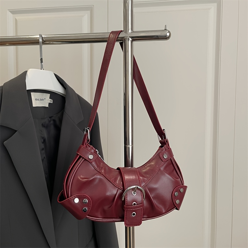 TEMU Bolso bandolera para mujer, bolso de , holgada retro, hebilla de cinturón, remache, bolso de de , bolso de axila plisado de moda, bolso elegante