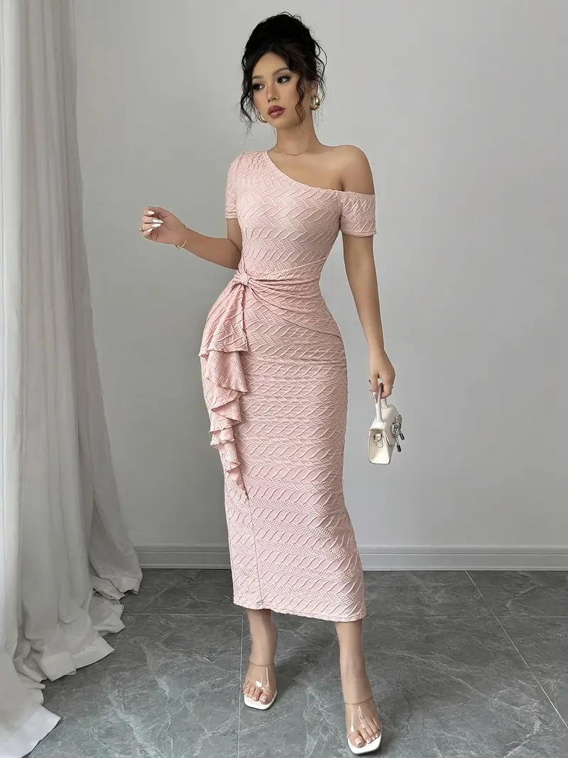Elegant Off-Shoulder Ruched Wine Party Gown for Women - Vintage Style Long Dress with Back Slit & Scalloped Hem, Bodycon * Solid Color * Spring/Summer/Fall Elegant Off-Shoulder Ruched Wine Party Gown for Women - Vintage Style Long Dress with Back Slit & Scalloped Hem, Bodycon * Solid Color * Spring/Summer/Fall