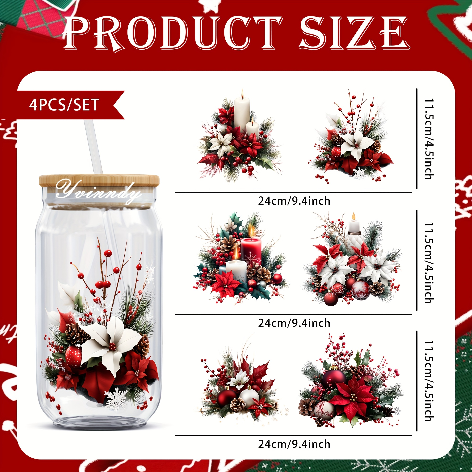 TEMU 4pz/Set Carta Trasferibile UV DTF per Decorazioni Natalizie da 16oz, Adatta a Barattoli di Vetro da 16oz
