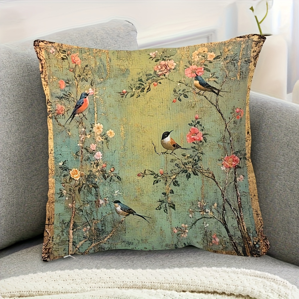 TEMU 1pc Vintage Chinese Style Painting With Birds And Flowers Polyester Pillow Cover, 18x18 Inches, Zipper Closure, Machine Washable, Pillow Insert