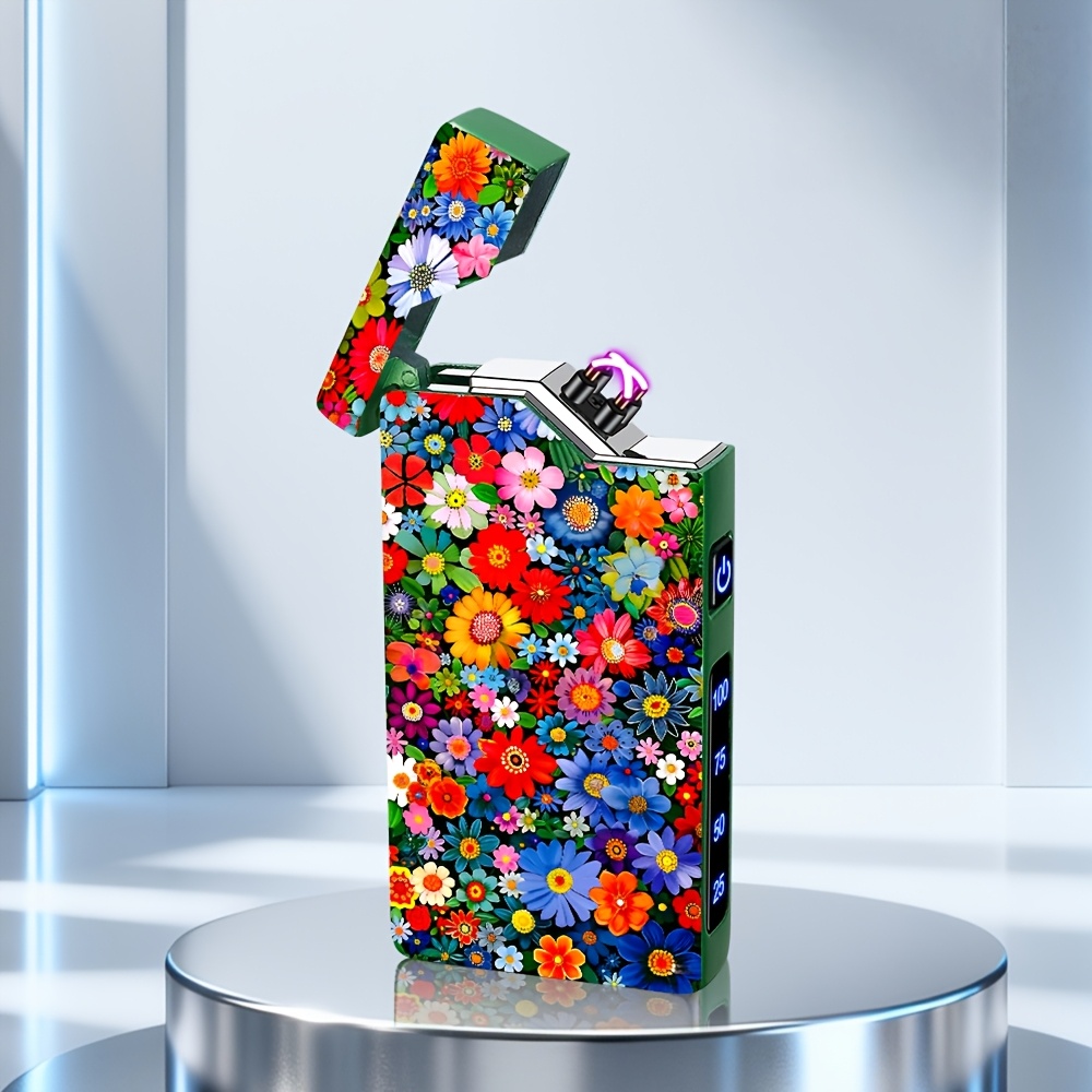TEMU 1pc Trendy Windproof Dual Arc Rechargeable Electronic Lighter, Suitable For Outdoor Use, Valentine's Day Gift, Colorful Small Flower Pattern