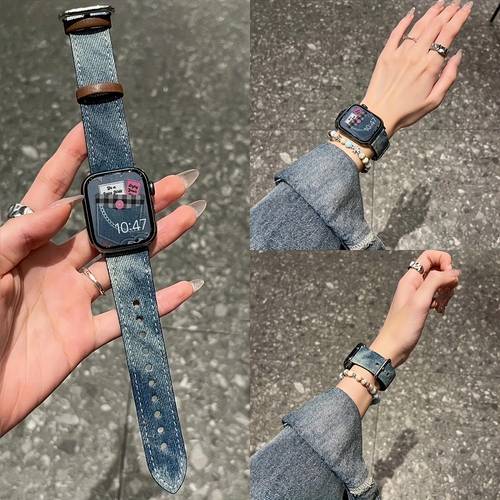 wide tie dye denim strap suitable for watch straps 38mm 40mm 41mm s10 42mm 42mm 44mm 45mm s10 46mm 49mm smart watch replacement accessory compatible with watch 10 6 5 1 se uitra series classic mens and womens straps fashionable denim straps accessories couples good looking jewelry straps