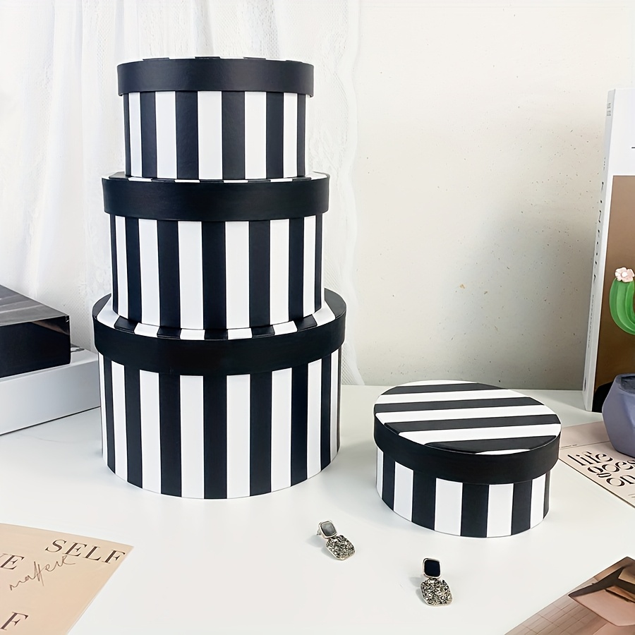 Image of 4pcs Round Gift Boxes With Lids, Empty Nesting Gift Box Packaging, Black And White Striped Pattern Gift Boxes For Valentine's Day, Mother's Day, Graduation, Weddings, Christmas, Gift Paper Boxes