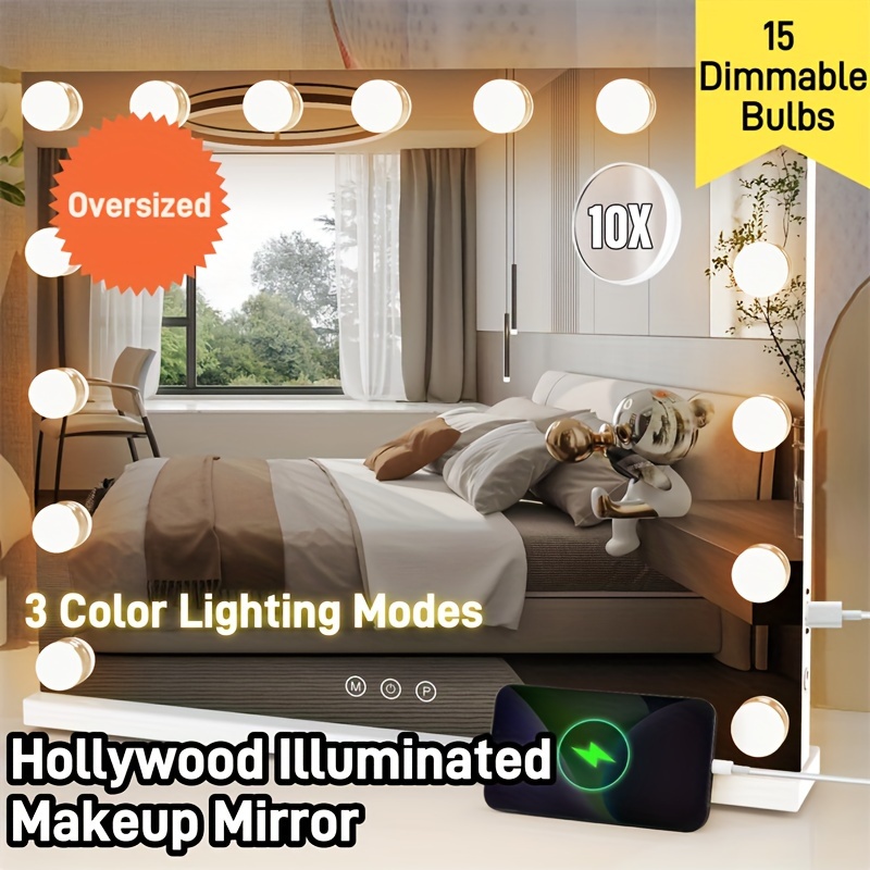 

15 Led Bulbs 3 Colors, Illuminated Makeup Mirror, With 10x Magnifying Glass, Smart Touchcontrols, Suitable For Bedroom, Bathroom, Dressing Room, Makeup And Personal Care Mirror, Gift For