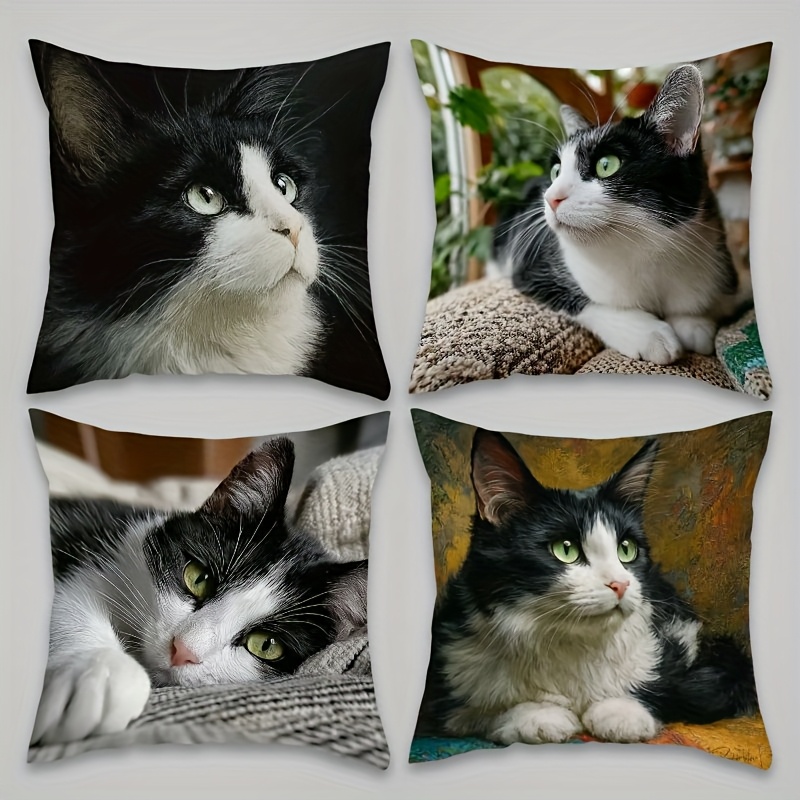 TEMU Lot de 4 housses de coussin carrées style chat réaliste, présentant un style réaliste d' de texture délicate dans différentes postures de chats