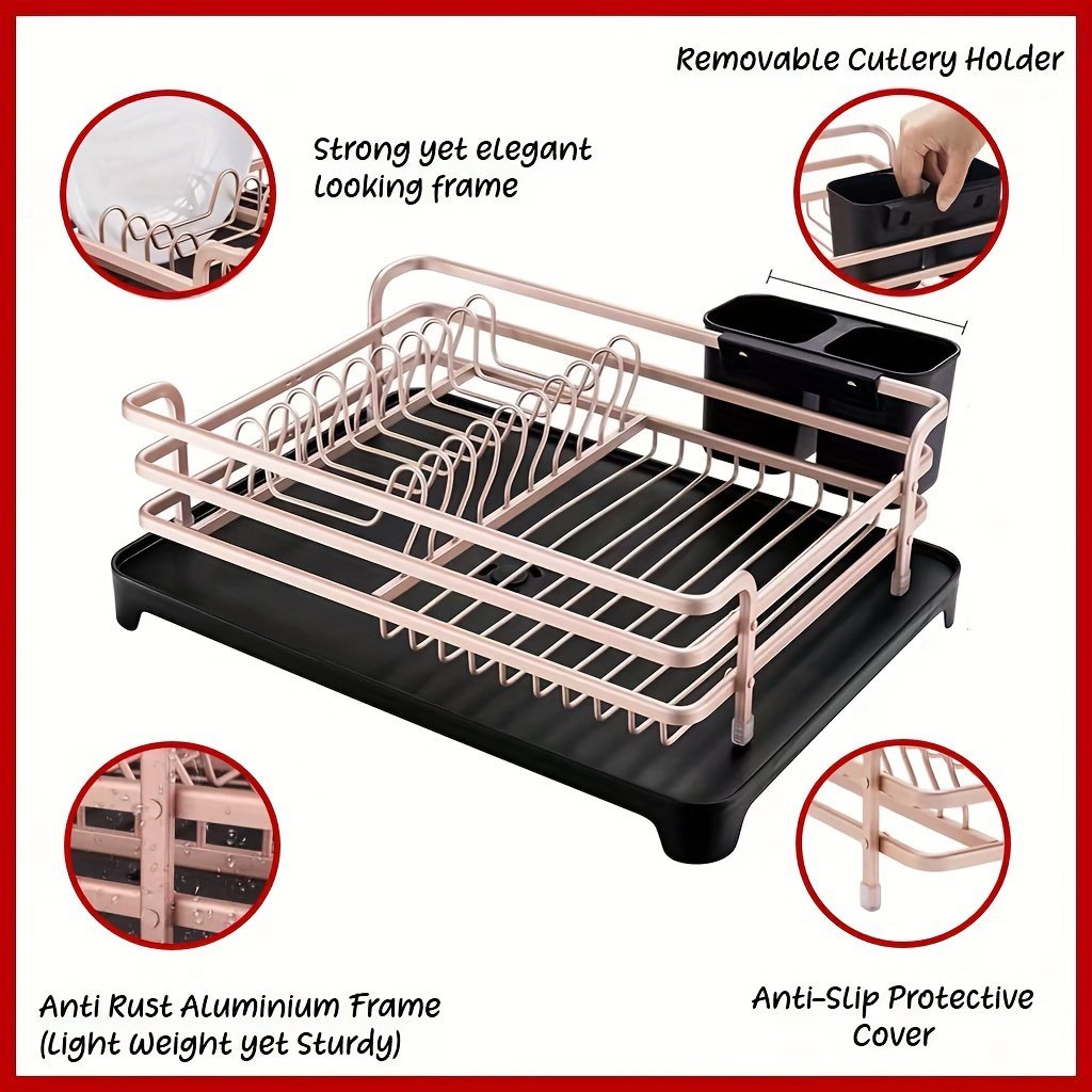 aluminum dish drying rack with cutlery holder and drip tray kitchen storage organizer for plates and utensils versatile tool gadget set for all holidays non electric and   details 1