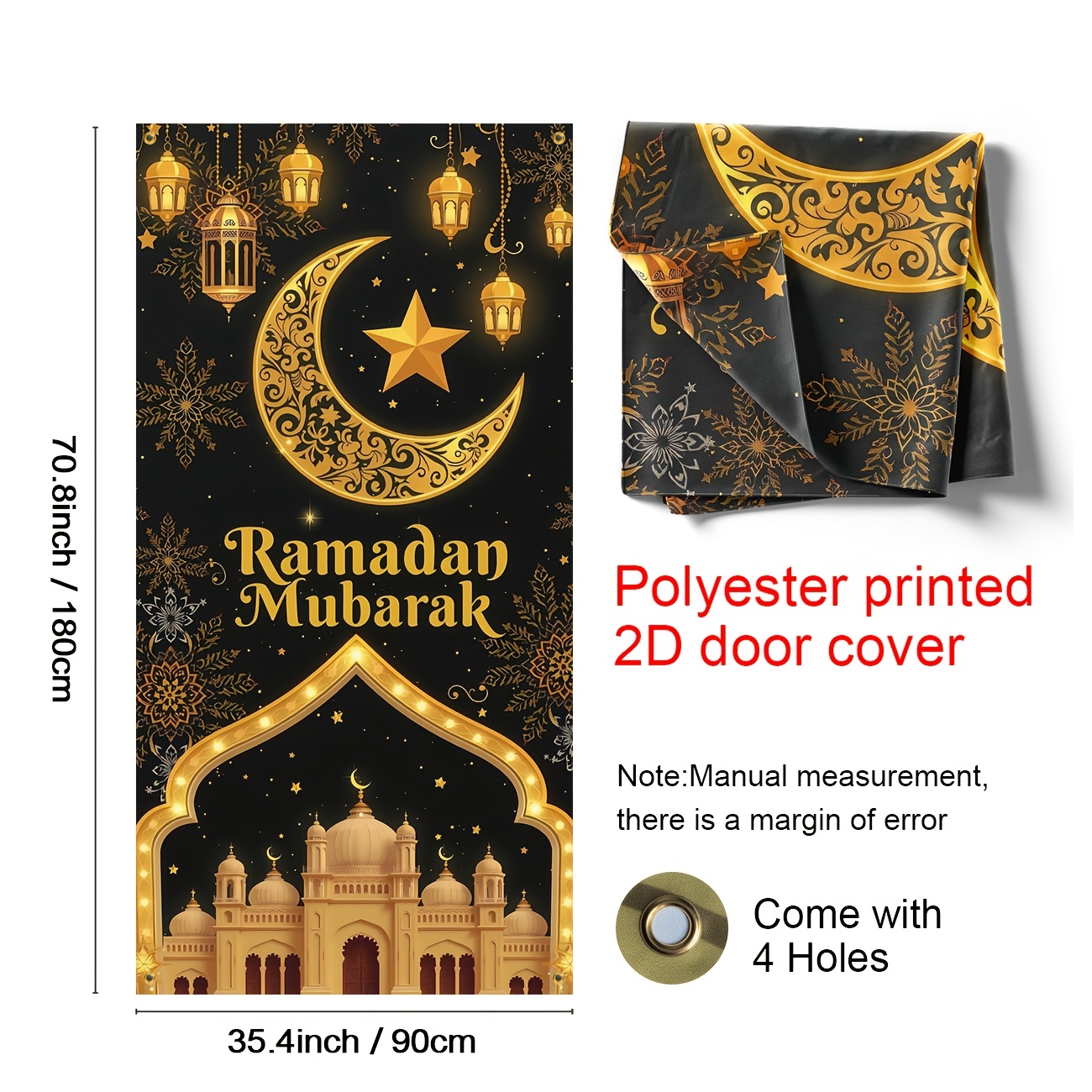 TEMU 2d Door Banner, 1pc Festive Ramadan Mubarak 2d Door Banner - Elegant Celebration Decor With Lantern & Moon Design, Durable Polyester, 70.8x35.4