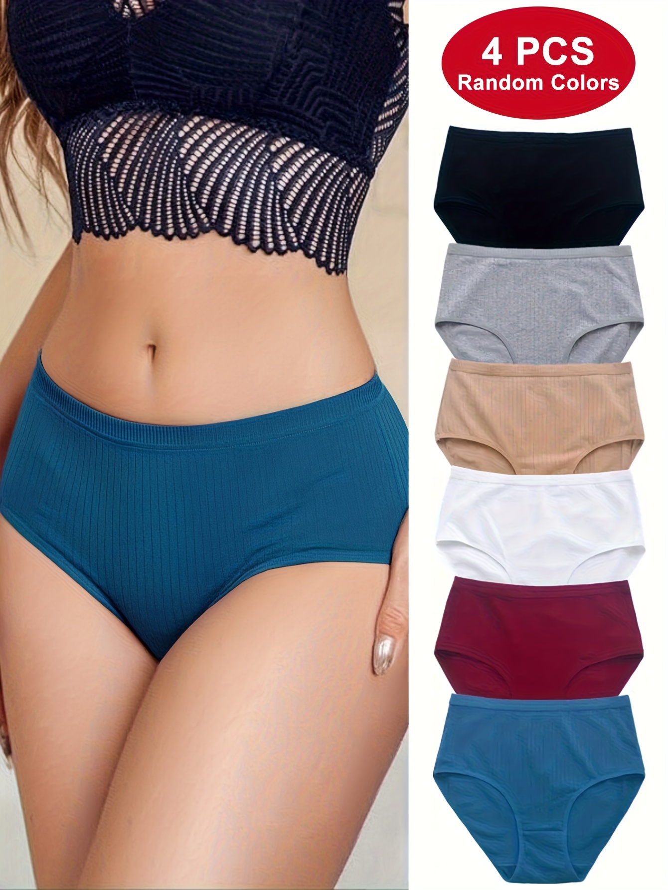 random 4pcs set of home comfortable high waist underpants plus size ribbed casual breathable tummy control g string