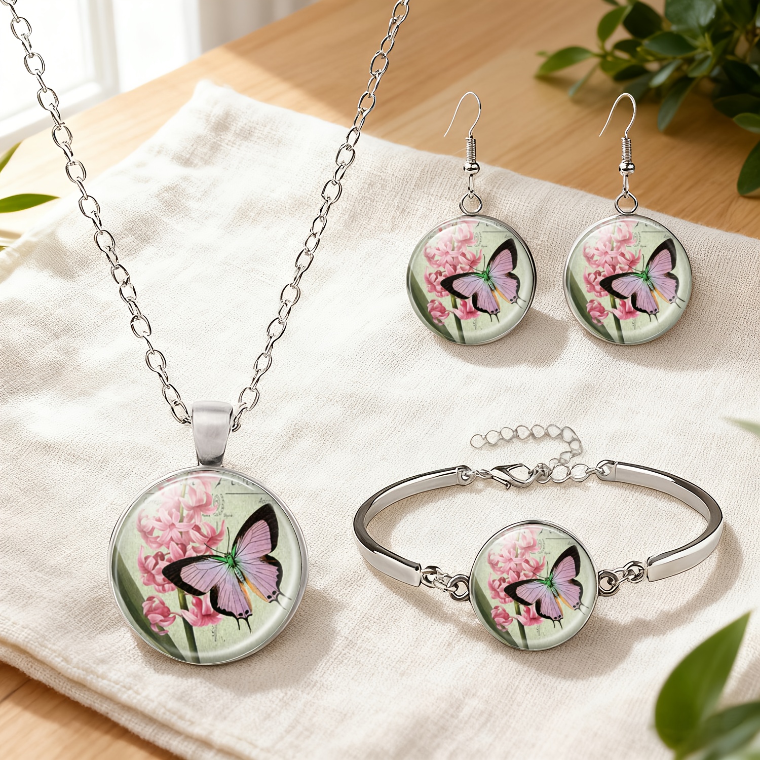 4pc Vintage-Style Jewelry Set with Floral and Butterfly Design