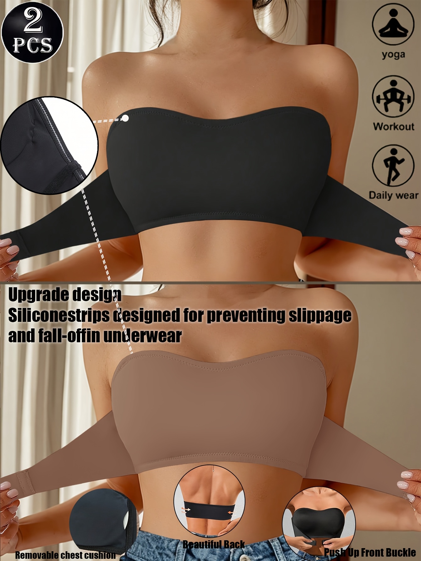 2pcs strapless bandeau bras tube top front closure wireless bra summer traceless bras   bra   comfy push up bra womens smoothing backless tube   woman underwear bralette brad