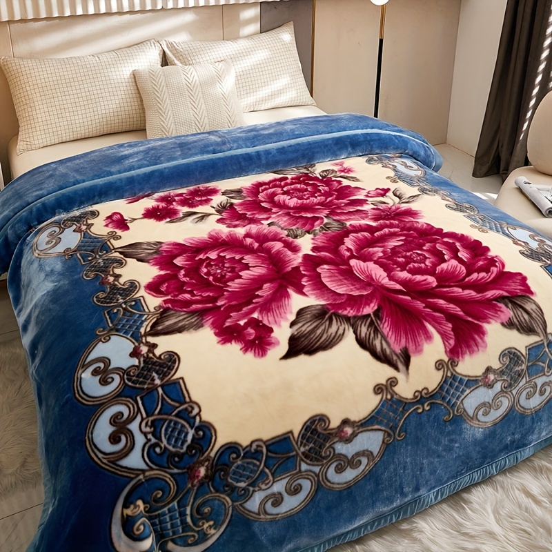 

1pc Vintage Floral Pattern Knit Fabric Throw Blanket, 100% Polyester, Machine Washable, All , Heavyweight >500gsm, Active Printing, Blue Flower Theme