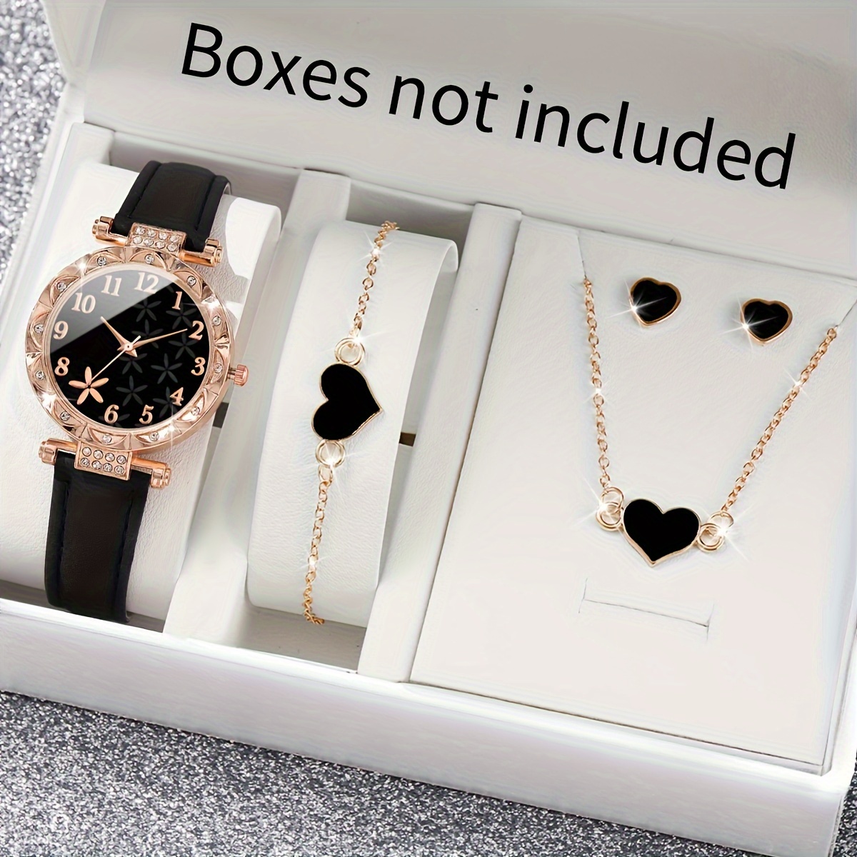 

5pcs Quartz Watches For Women Pu Leather Wrist Watch With Black Heart Jewelry Set Great Gift For Her Mom Girlfriend