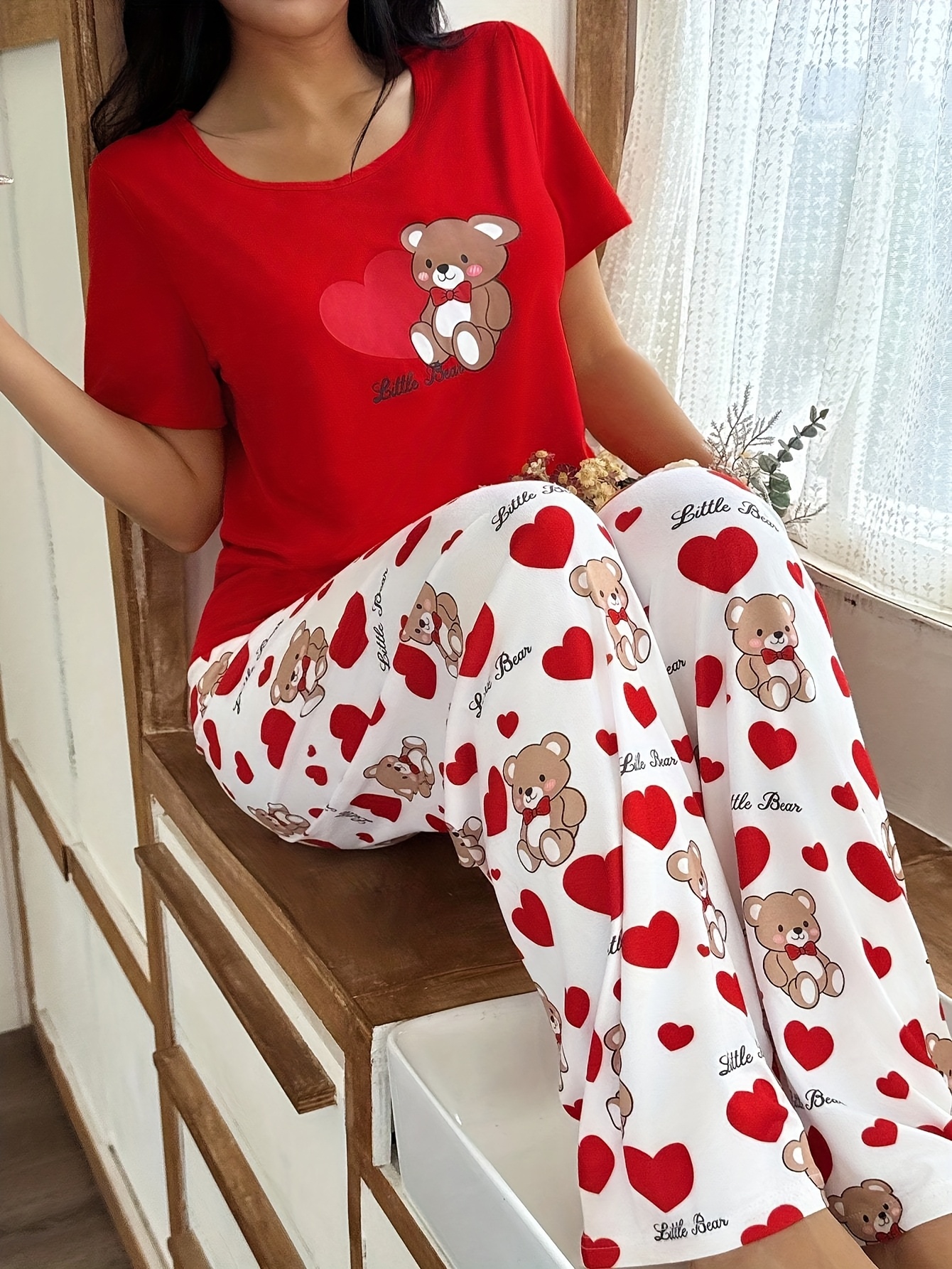 cartoon heart bear   short sleeve long pants women pajamas set teddy bear pajama set cute pajama set for women cute pjs for women red pajama set women cartoon pajamas women