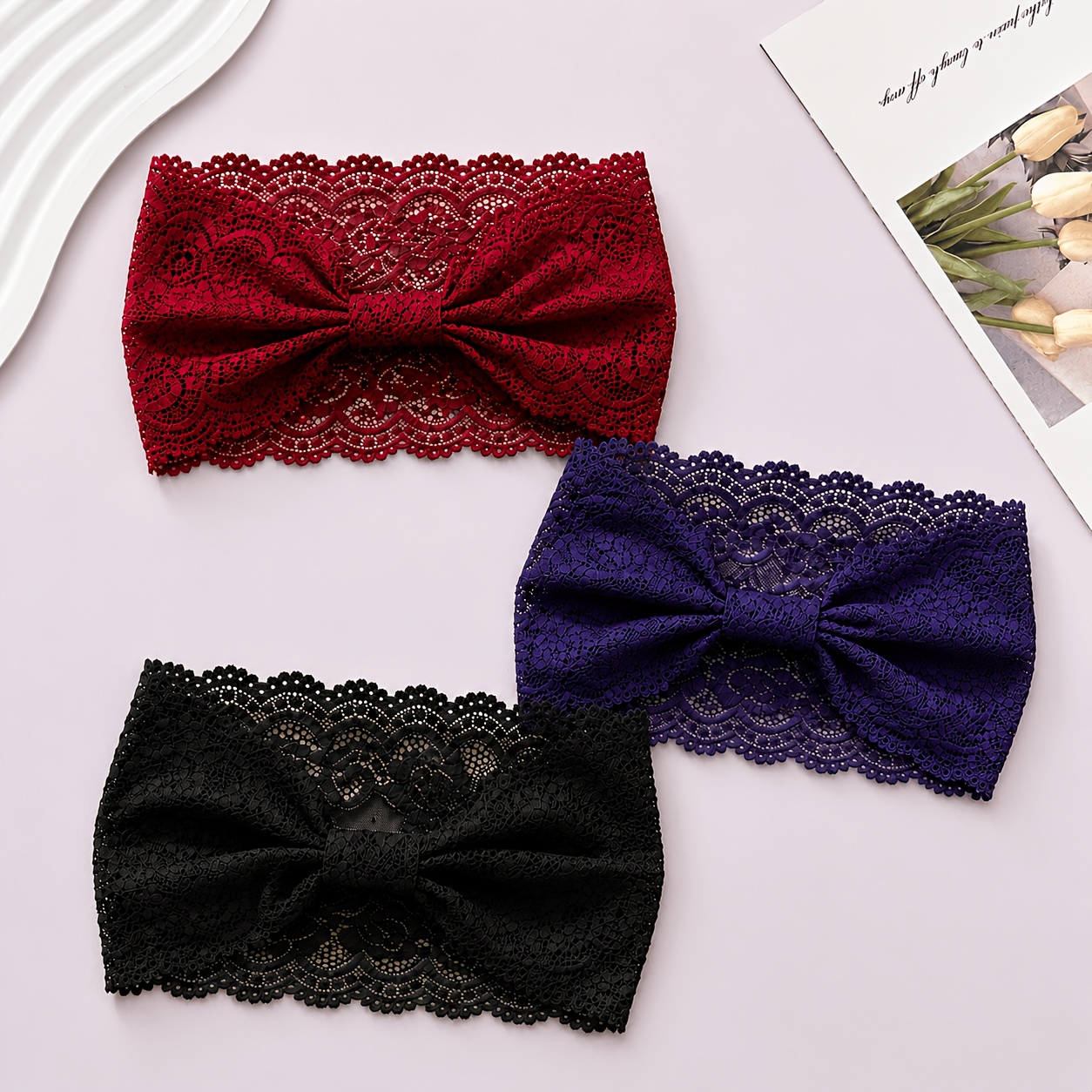TEMU 3pcs Lace Bow Headbands For Women, Wide- Headbands, Accessories, High-end Mesh Headbands, Vintage Court-style Hair Accessories, Versatile And