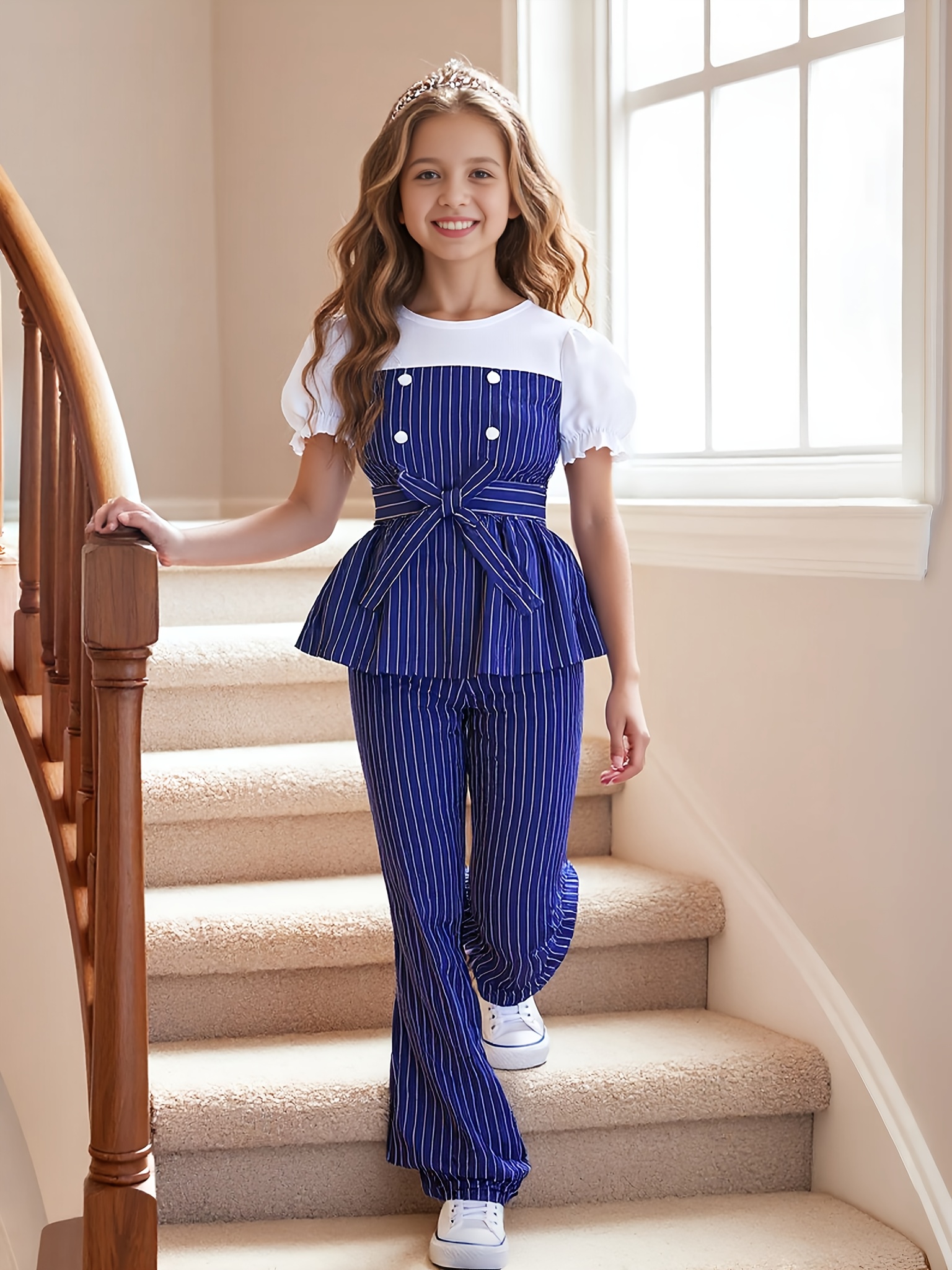 Adorable girls blue and white striped summer suit set perfect for birthdays parties or any special occasion The outfit includes a stylish top and matching bottoms