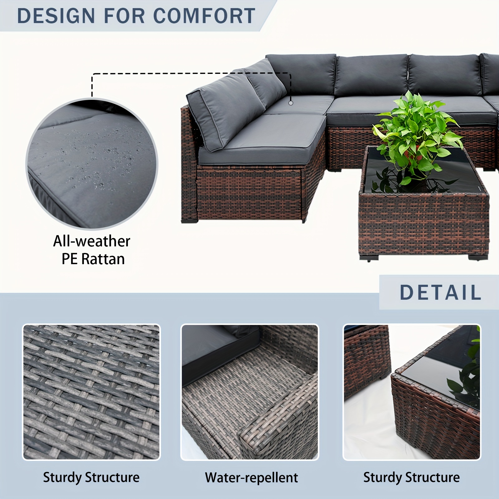 [FOHO Patio] FOHO 1 Set Waterproof Rattan Patio Furniture | Soft Cushions, Light-Resistant Metal And Plastic Frame - No Power Needed, Ideal for Indoor/Outdoor Use