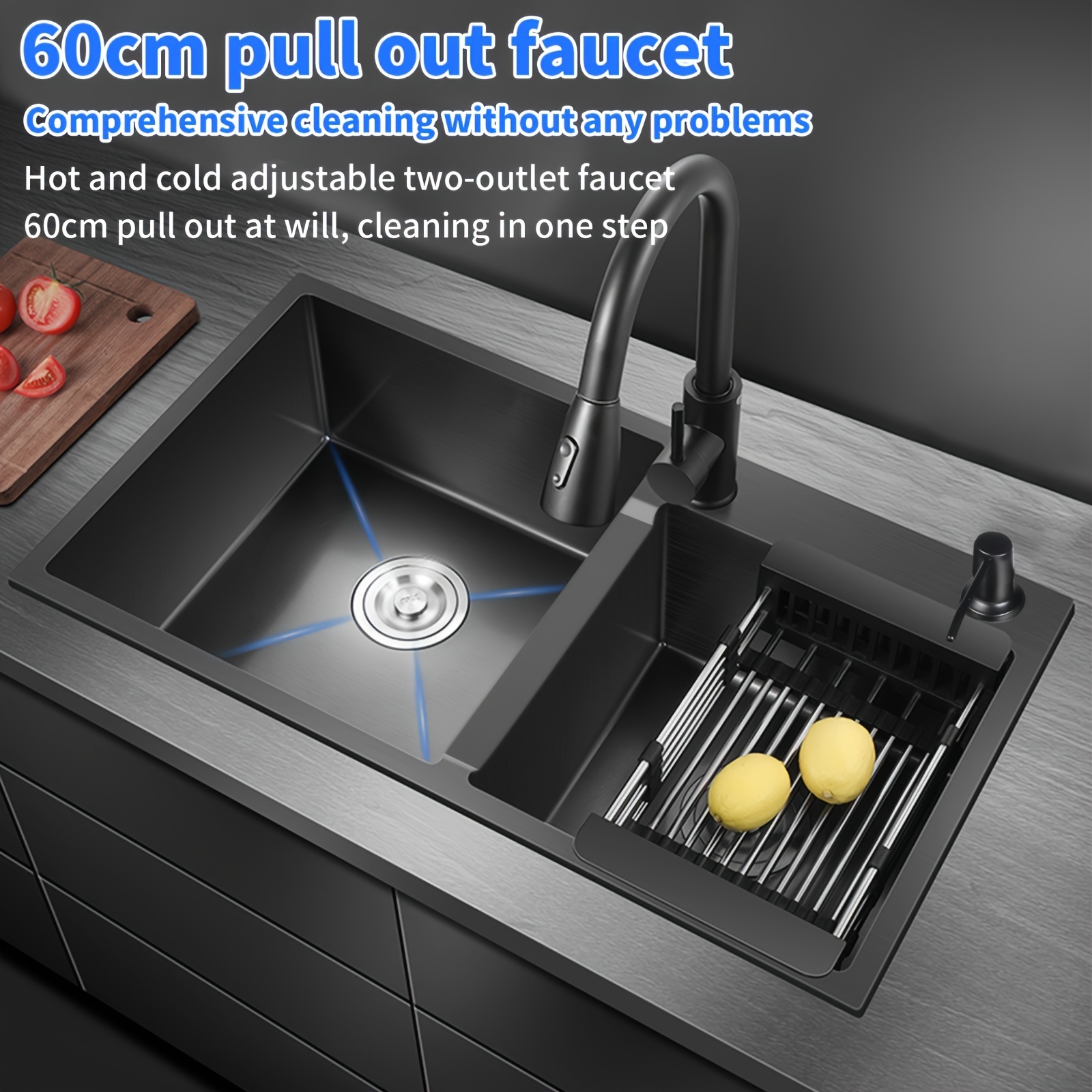 TEMU Stainless Steel Double Kitchen Sink Set Featuring A Multifunctional Design, Complete With A Drain Basket, Sewer Pipe, And Additions (in Black)