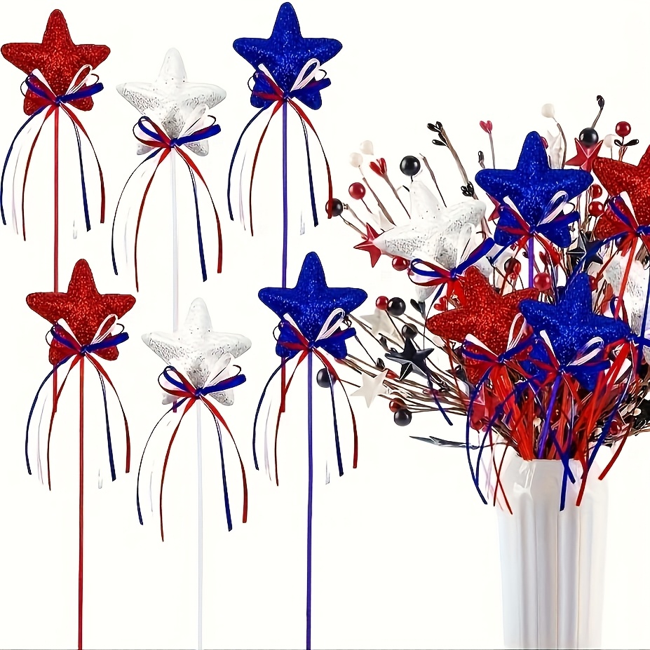 6 piezas, Estrella de espuma con brillo + Adorno de cinta para centro de mesa de fiesta, para el Día del Presidente/Día Nacional de EE. UU/Día de la Independencia de EE. UU/Día de los Caídos, Adornos patrióticos de estrella, Estrella de espuma americana, Decoraciones patrióticas rojas, blancas y azules