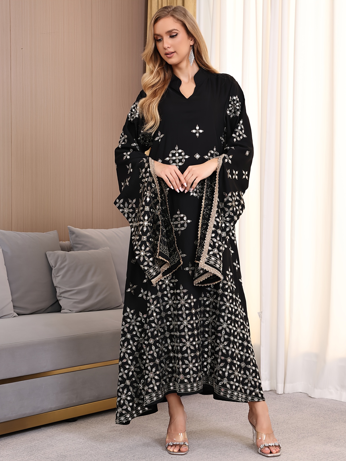 heavy silvery sequin embroidered arabic womens - Temu Mauritius