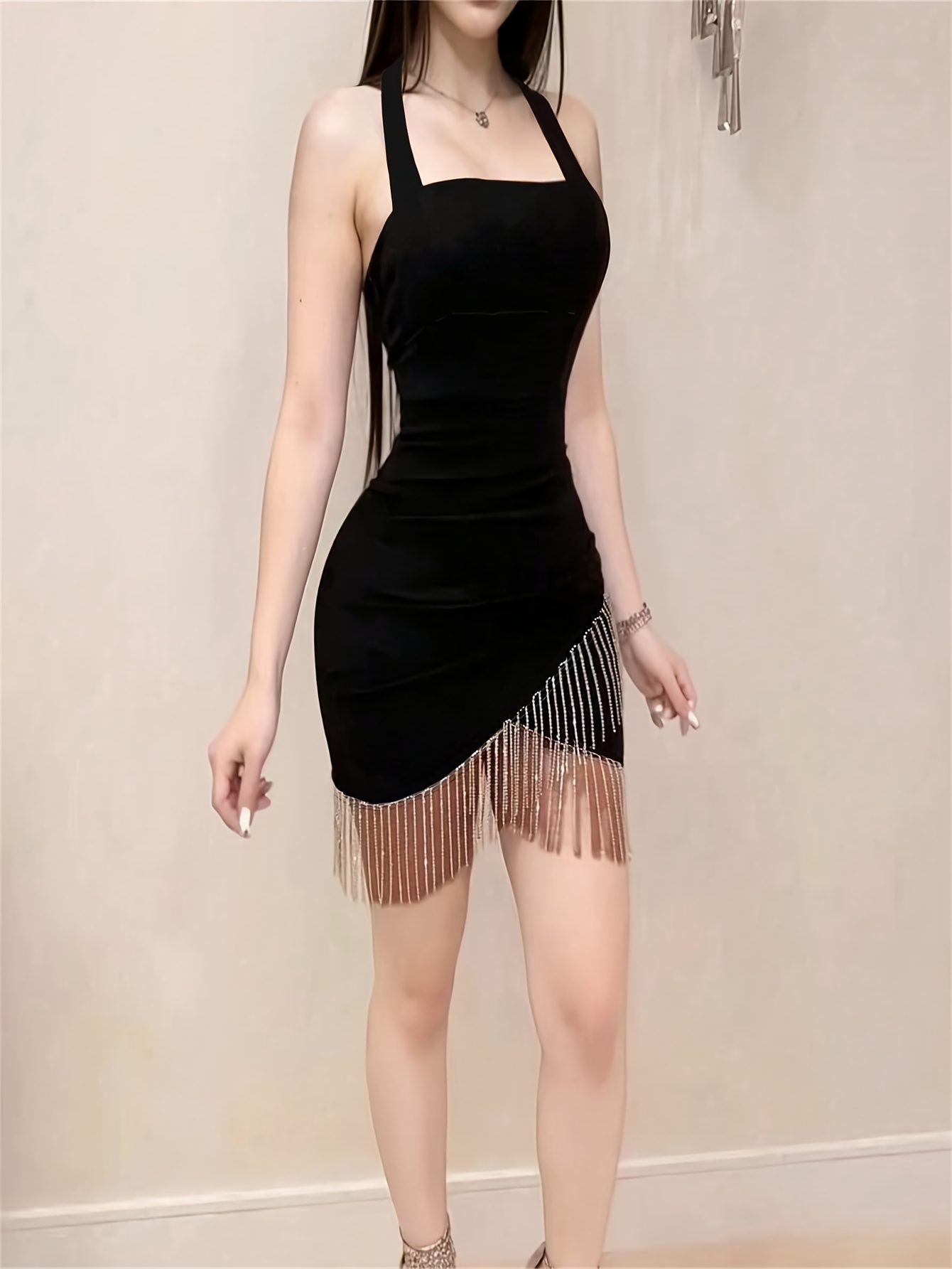 black tassel detail halterneck bodycon dress Satin Halterneck Scarf Mini Dress with Tassel - Black