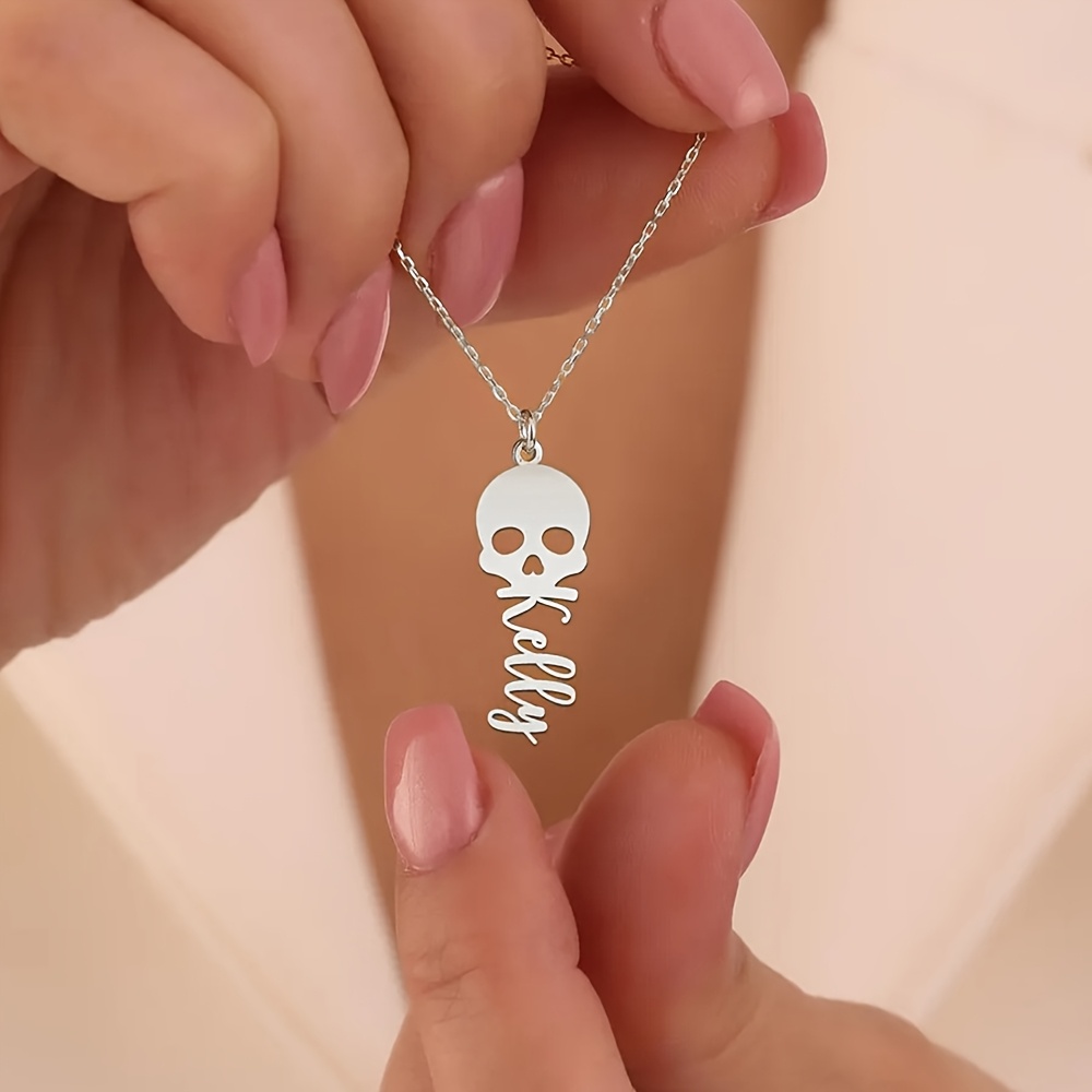 Personalized Skull Name Necklace - Golden-Tone Stainless Steel Pendant with Delicate Chain, Custom &quot;Kelly&quot; Design, Women’s Everyday Jewelry for Halloween or Celebration