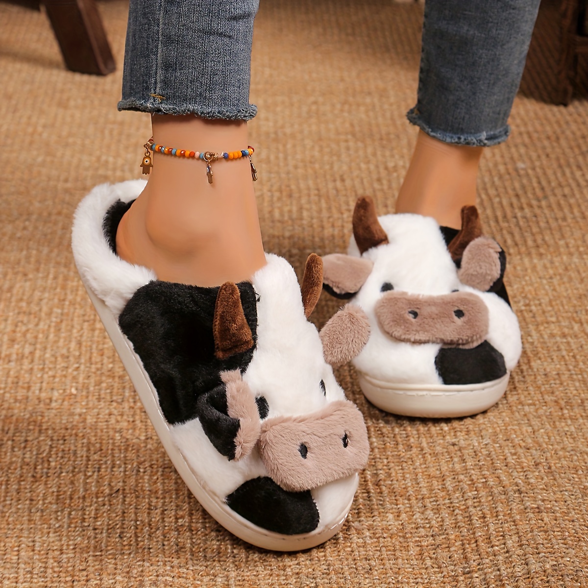 

Yz, Cow Pattern Cotton Slippers For Women, Keeping Warm In Winter