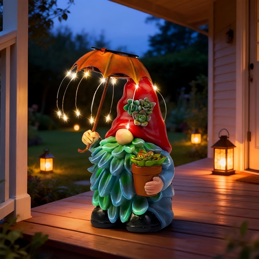 TEMU Solar Resin Dwarf Statue With Umbrella String Light - Waterproof Outdoor Garden Decoration, Elf Succulent Flowerpot Design, Very Suitable For