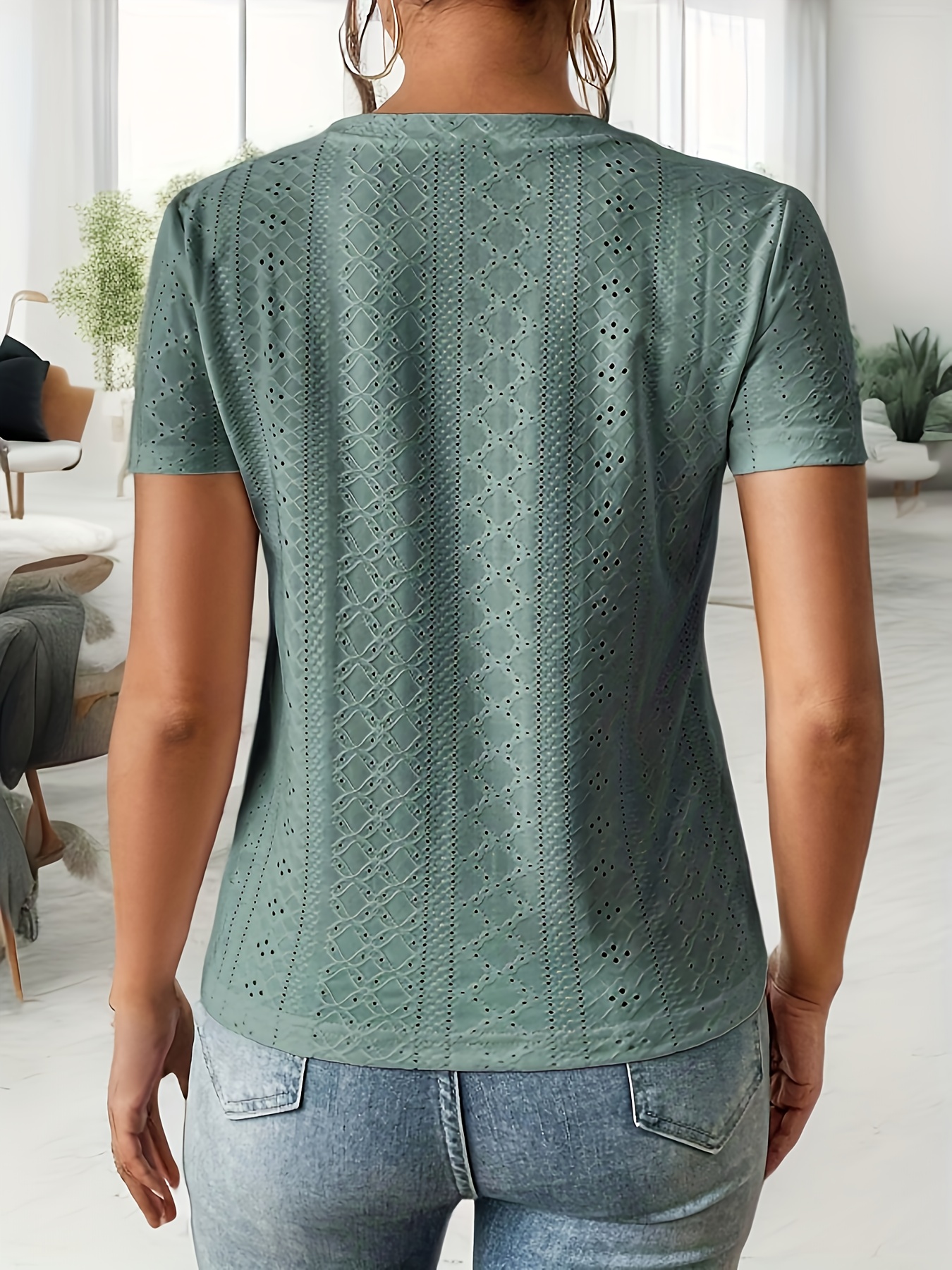 Eyelet Crew Neck T-Shirt, Casual Short Sleeve Top For Spring & Summer, Women's Clothing